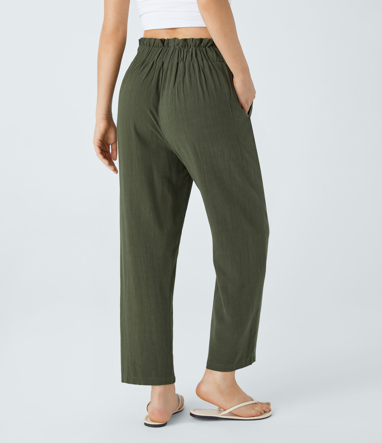 Halara  Paper Bag Waist Decorative Button Side Pocket Linen-Blend Resort Tapered Pants  - Beachgrass Green - S(regular) sweatpants 