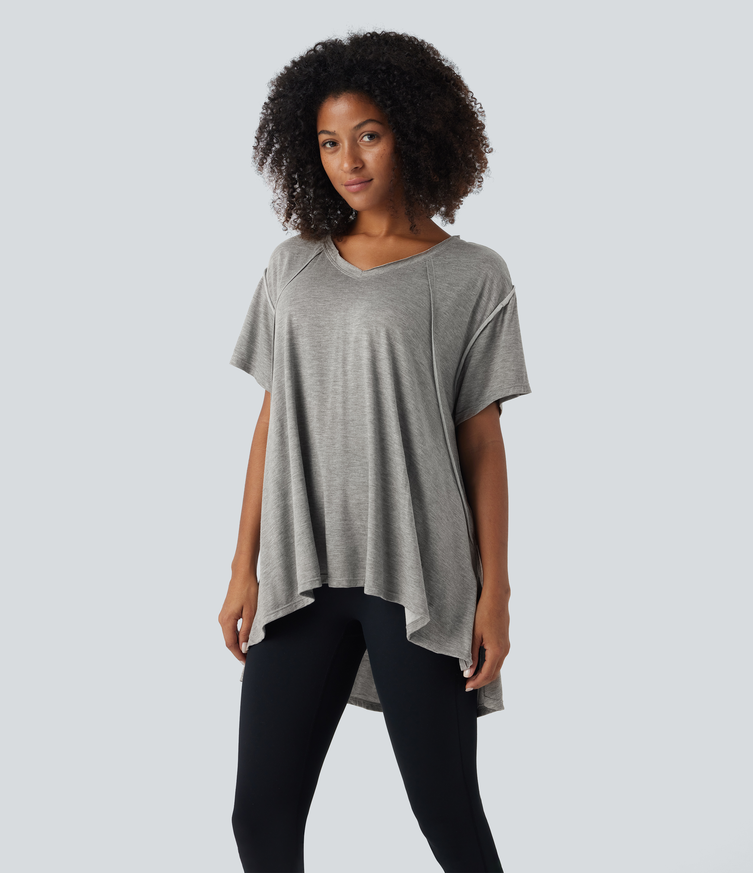 Halara V Neck Split Hem High Low Oversize Yoga Sports Top  - Ash Grey - XS 