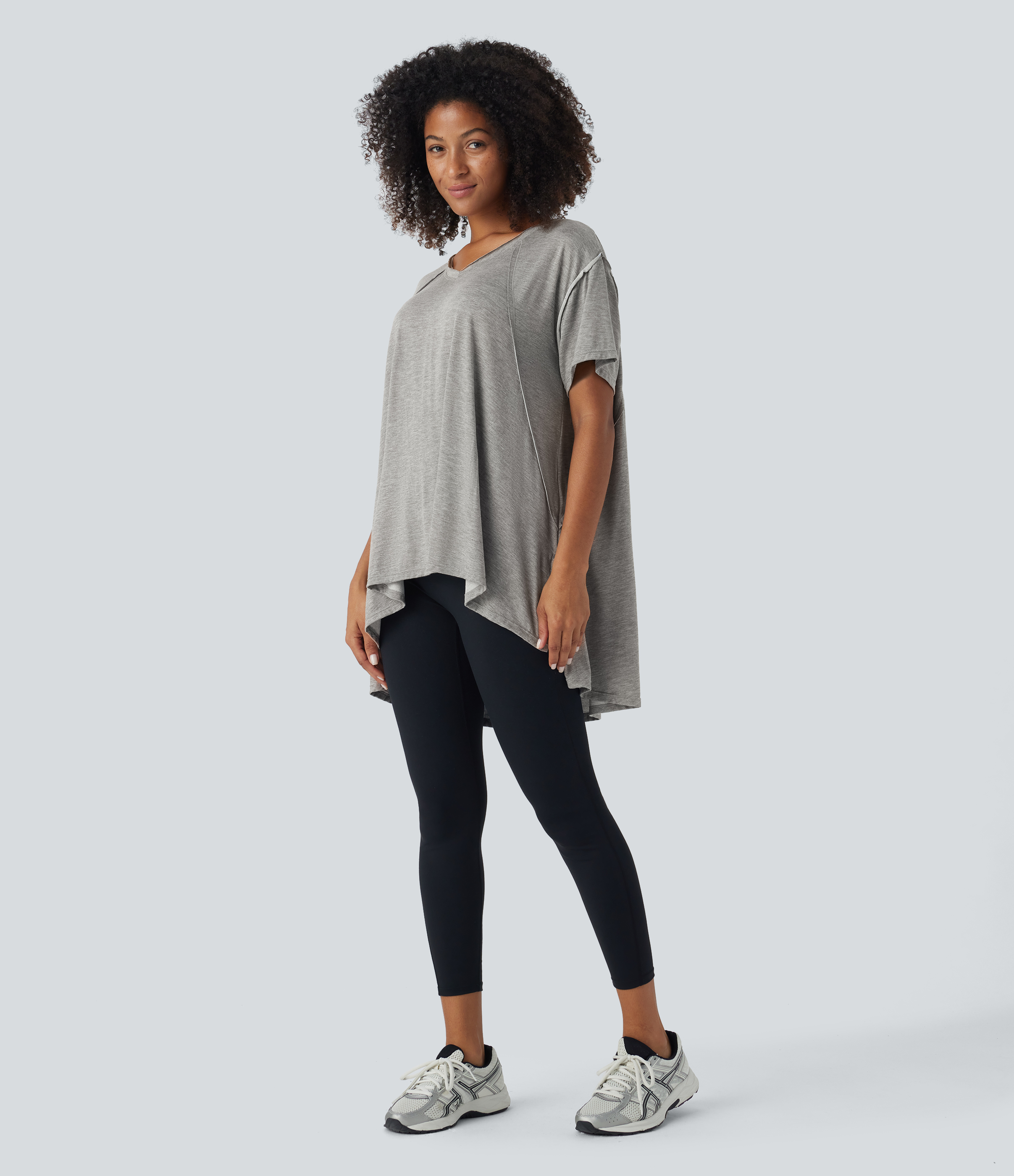Halara V Neck Split Hem High Low Oversize Yoga Sports Top  - Ash Grey - XS 