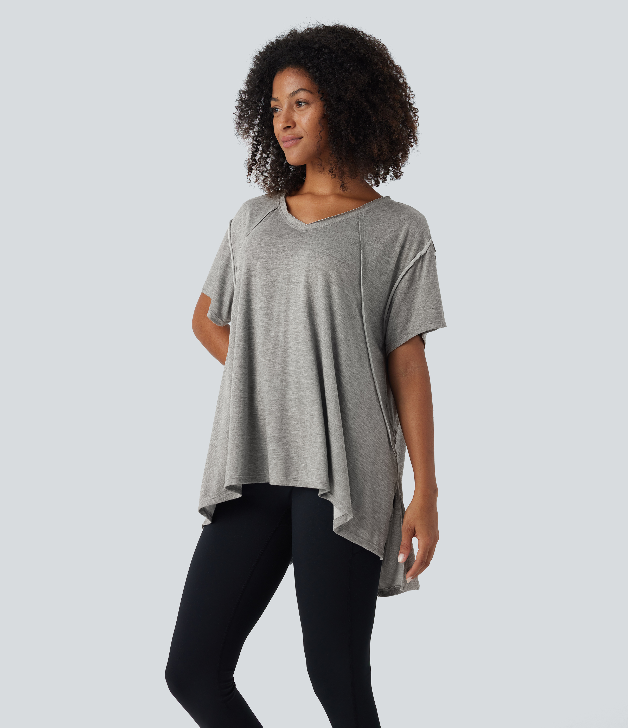 Halara V Neck Split Hem High Low Oversize Yoga Sports Top  - Ash Grey - XS 
