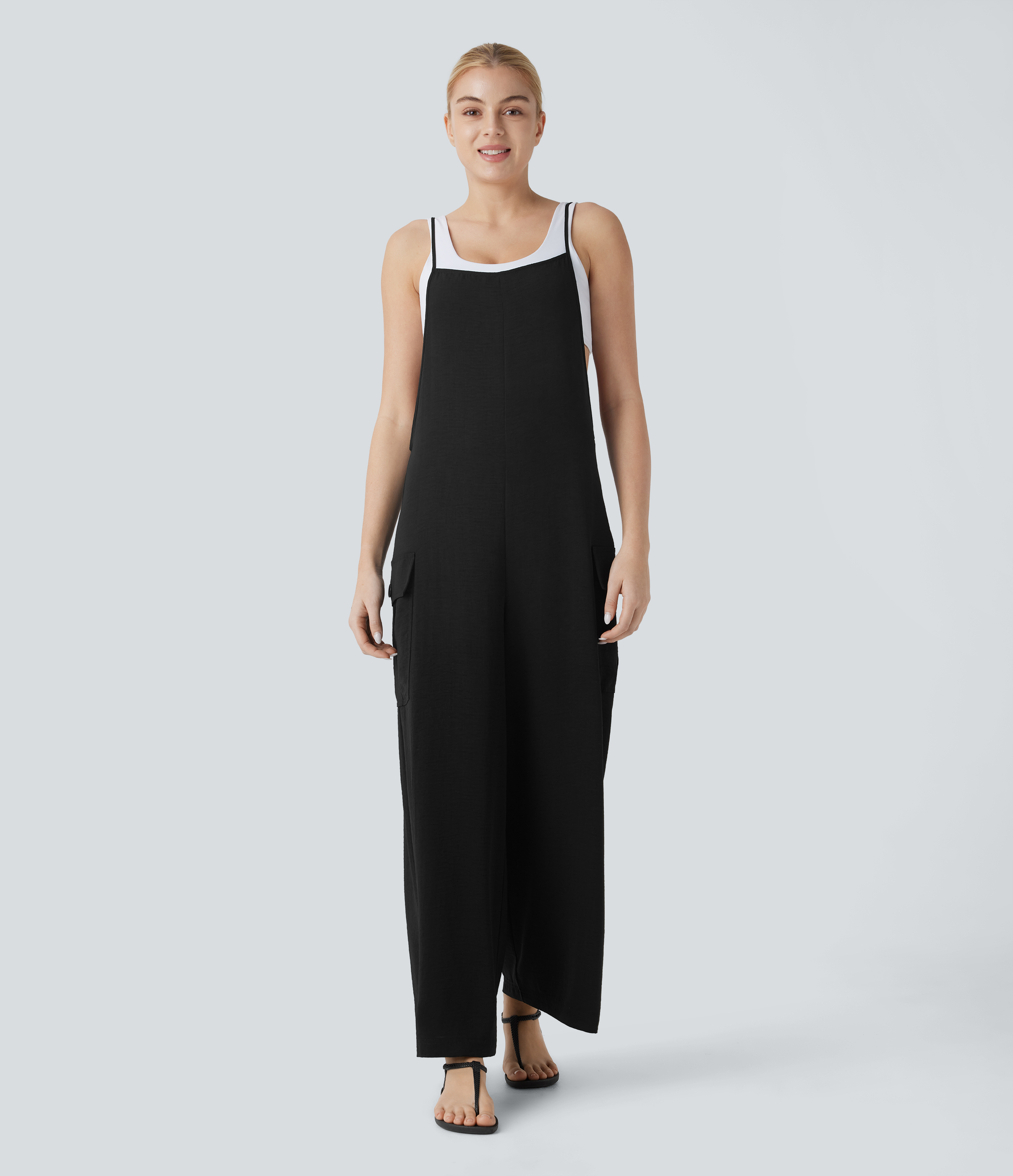 Combinaison cargo effet lin à bretelles ajustables, zip invisible et poches latérales