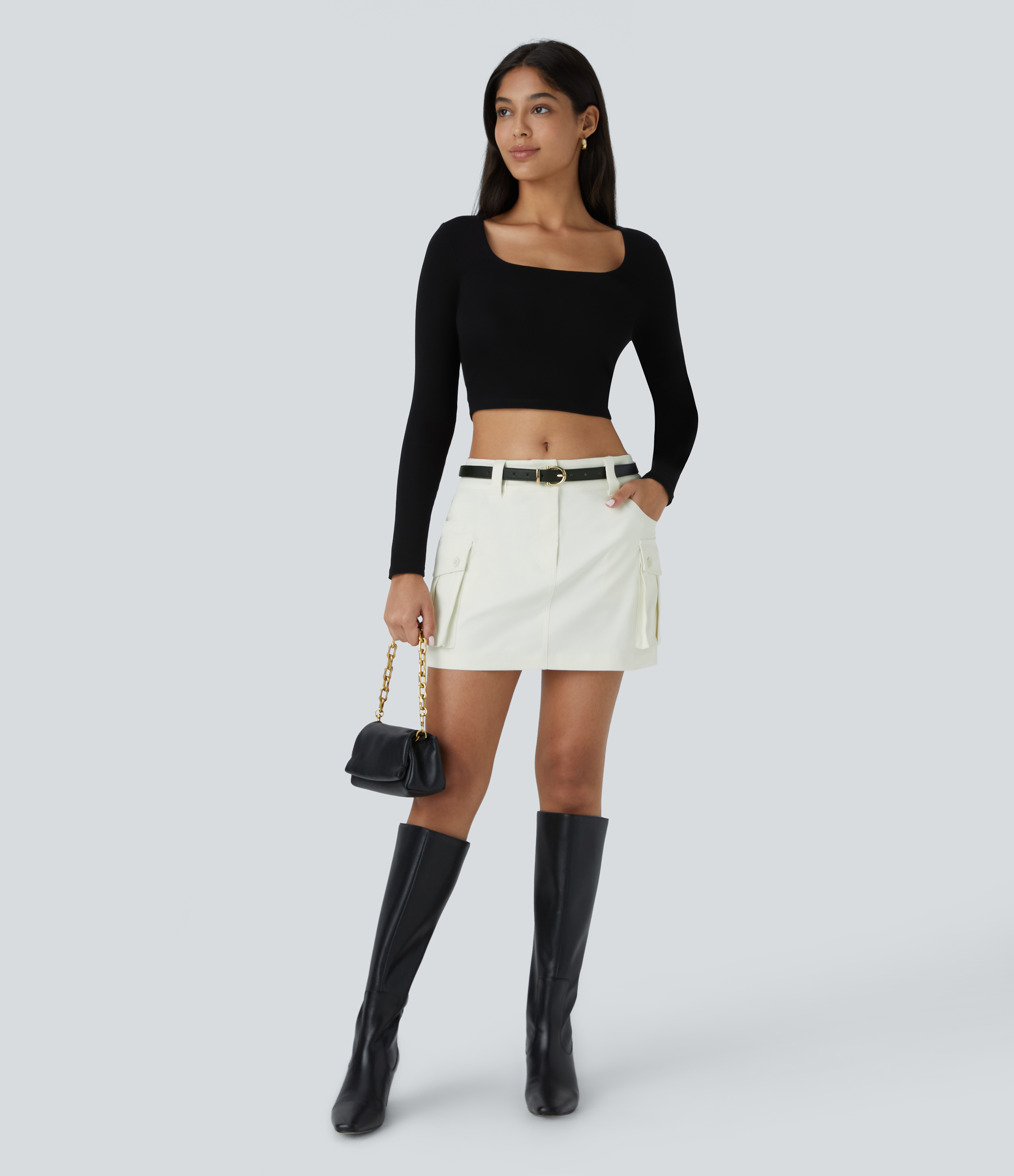 Halara Water Repellent Wear-Resistant Mid Low Rise Button Zipper Multiple Pockets Mini Casual Cargo Skirt  - Oak White - XL(regular) 