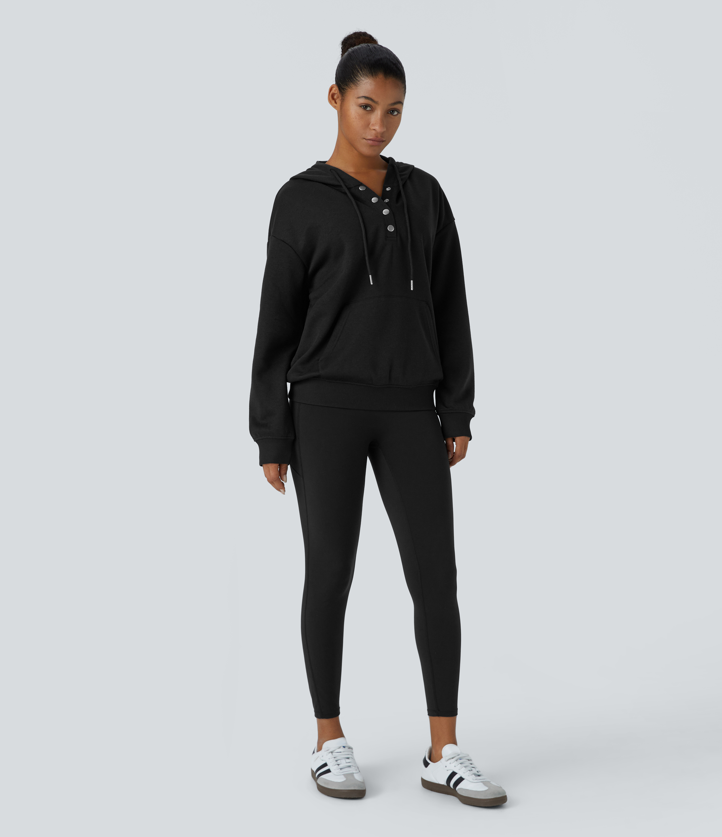 Halara Hooded Drawstring Snap Button Kangaroo Pocket Relaxed Fleece Casual Sweatshirt  - Black - M 