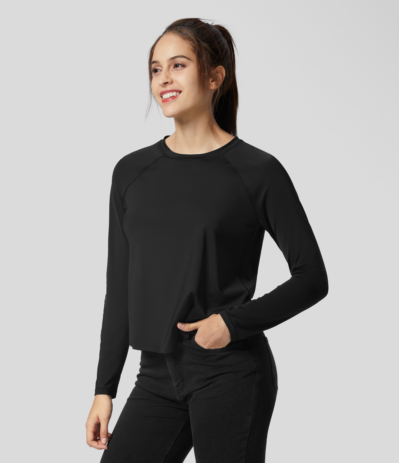 Halara Contrast Mesh Split Hem Long Sleeve Cool Touch Yoga Sports Top  - Black - XS 