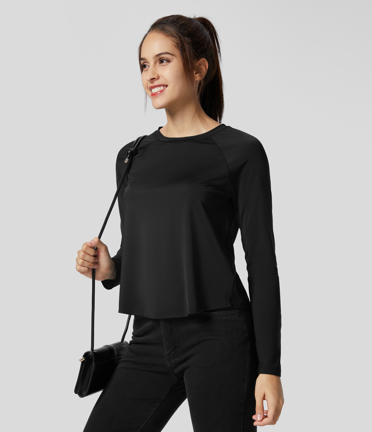 Halara Contrast Mesh Split Hem Long Sleeve Cool Touch Yoga Sports Top  - Black - XS 