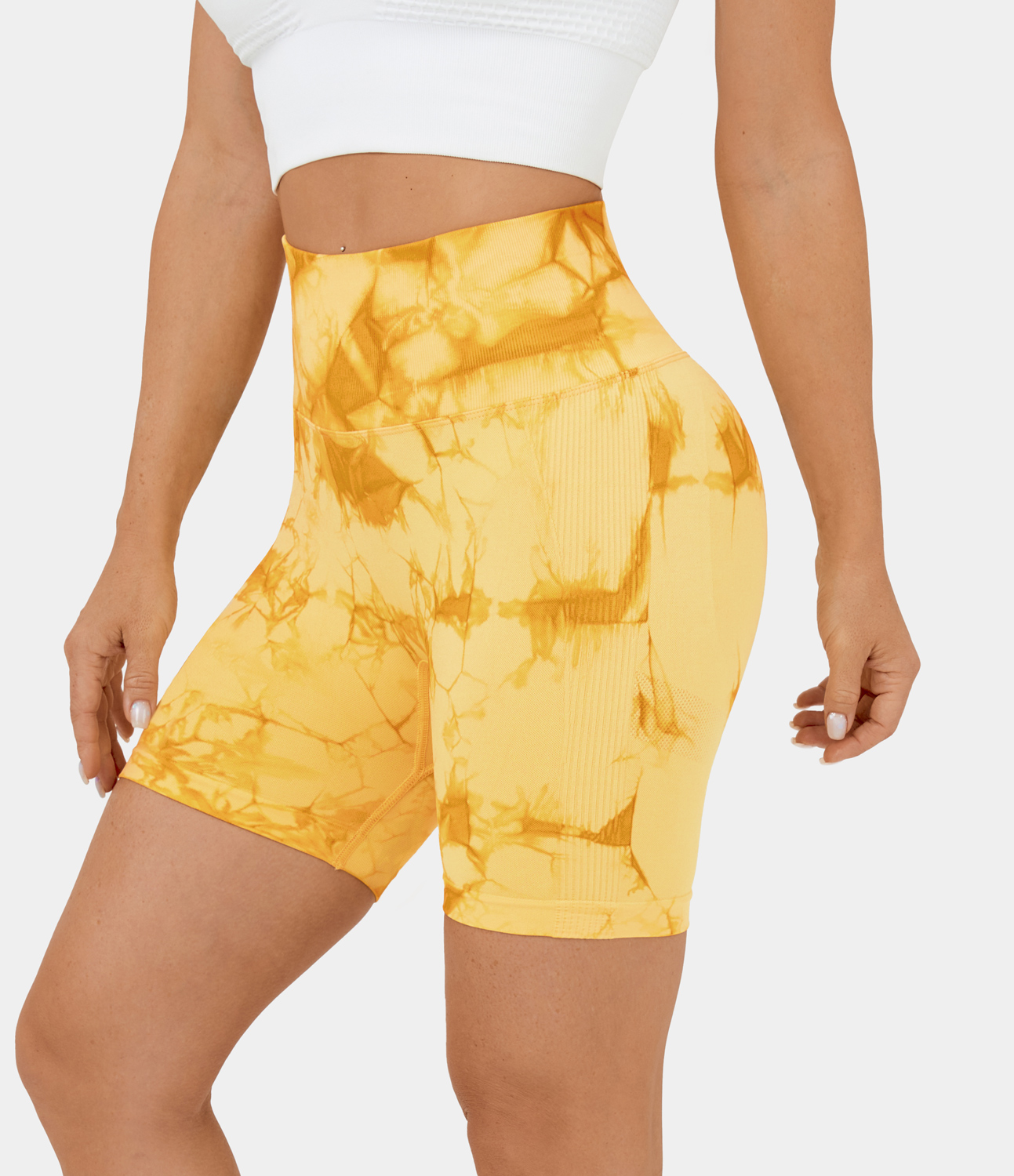 Halara Seamless Flow High Waisted Ruched Tie Dye Yoga Biker Shorts  - Tie-dye Cornsilk - XS biker shorts women black biker shorts 