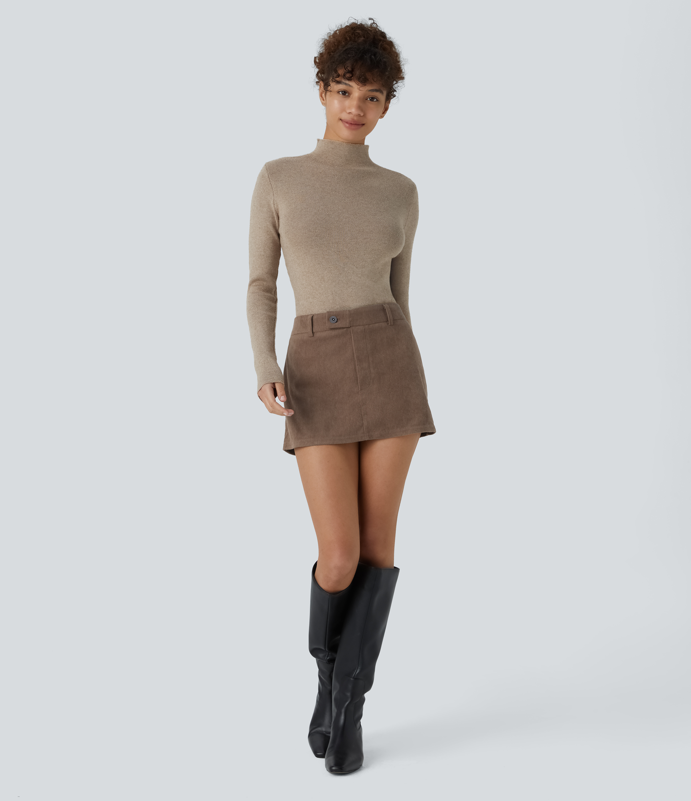 Halara Mid Low Rise Button Zipper 2-in-1 A Line Mini Corduroy Casual Skirt  - Acorn - XS(regular) 