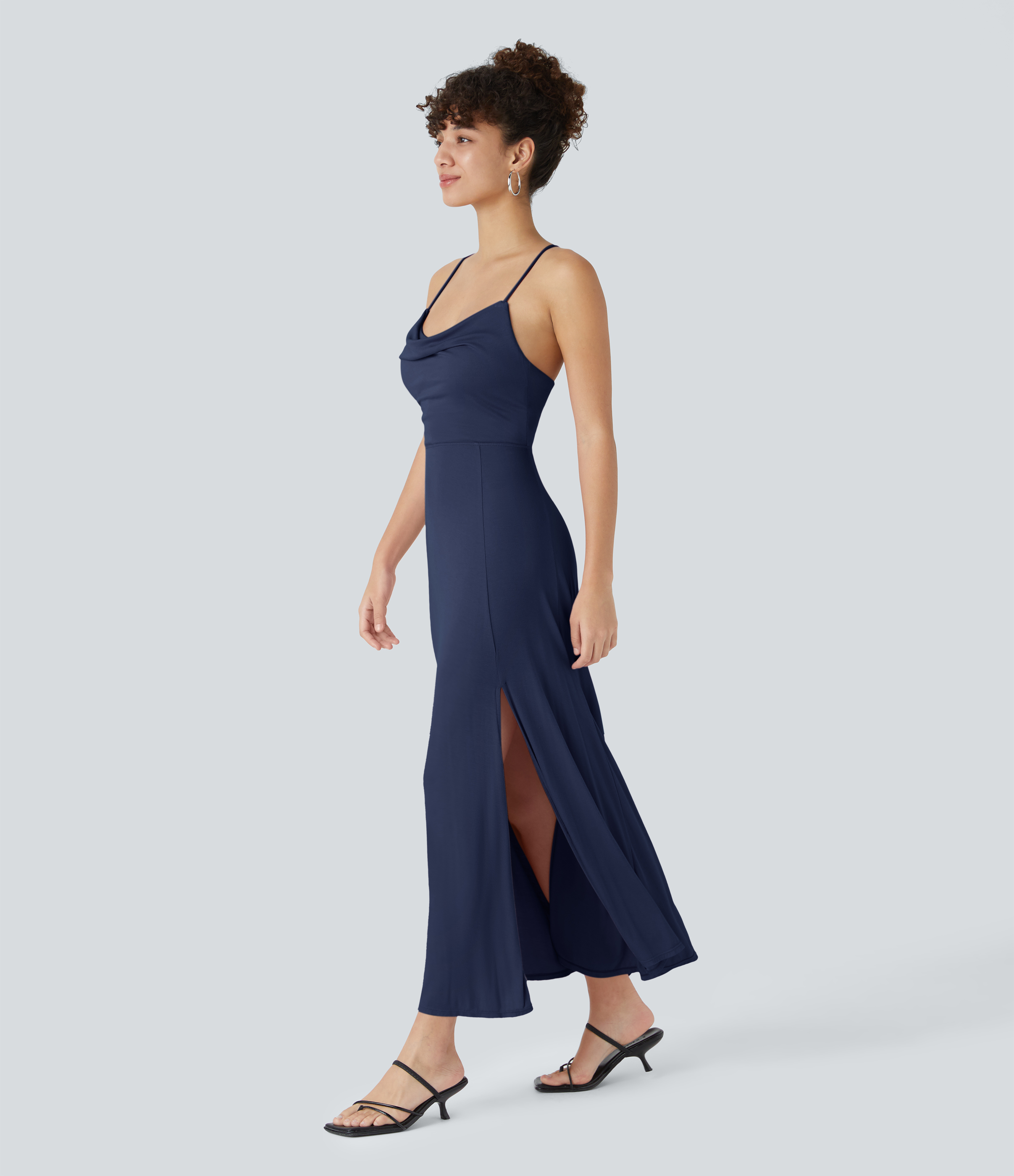 Halara Ribbed Cowl Neck Backless Crisscross Lace Up Split Midi Party Dress Casual Dress - Nightfall Blue - S slip dress beach dress 