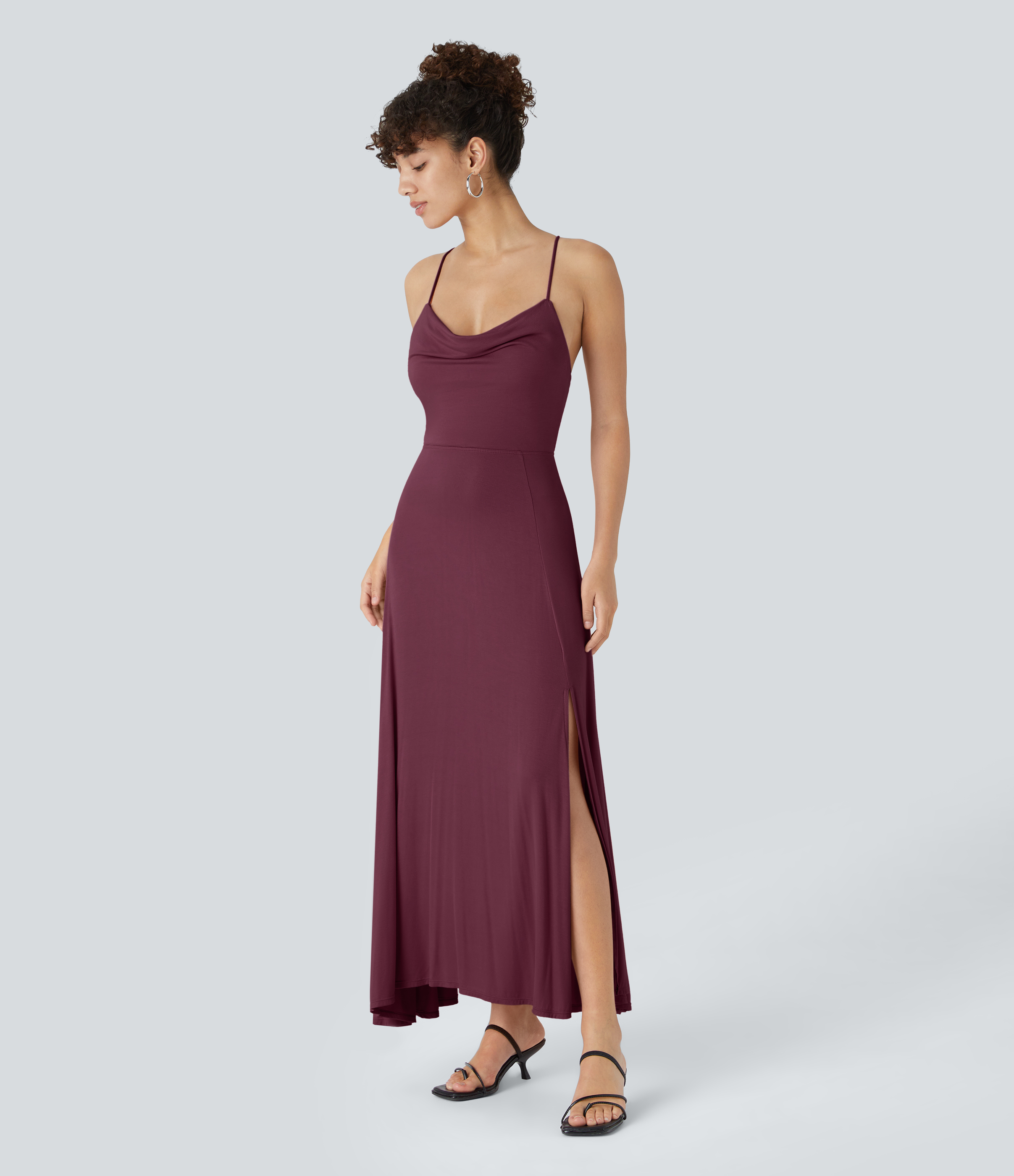 Halara Ribbed Cowl Neck Backless Crisscross Lace Up Split Midi Party Dress Casual Dress - Maroon Banner - XS slip dress beach dress 