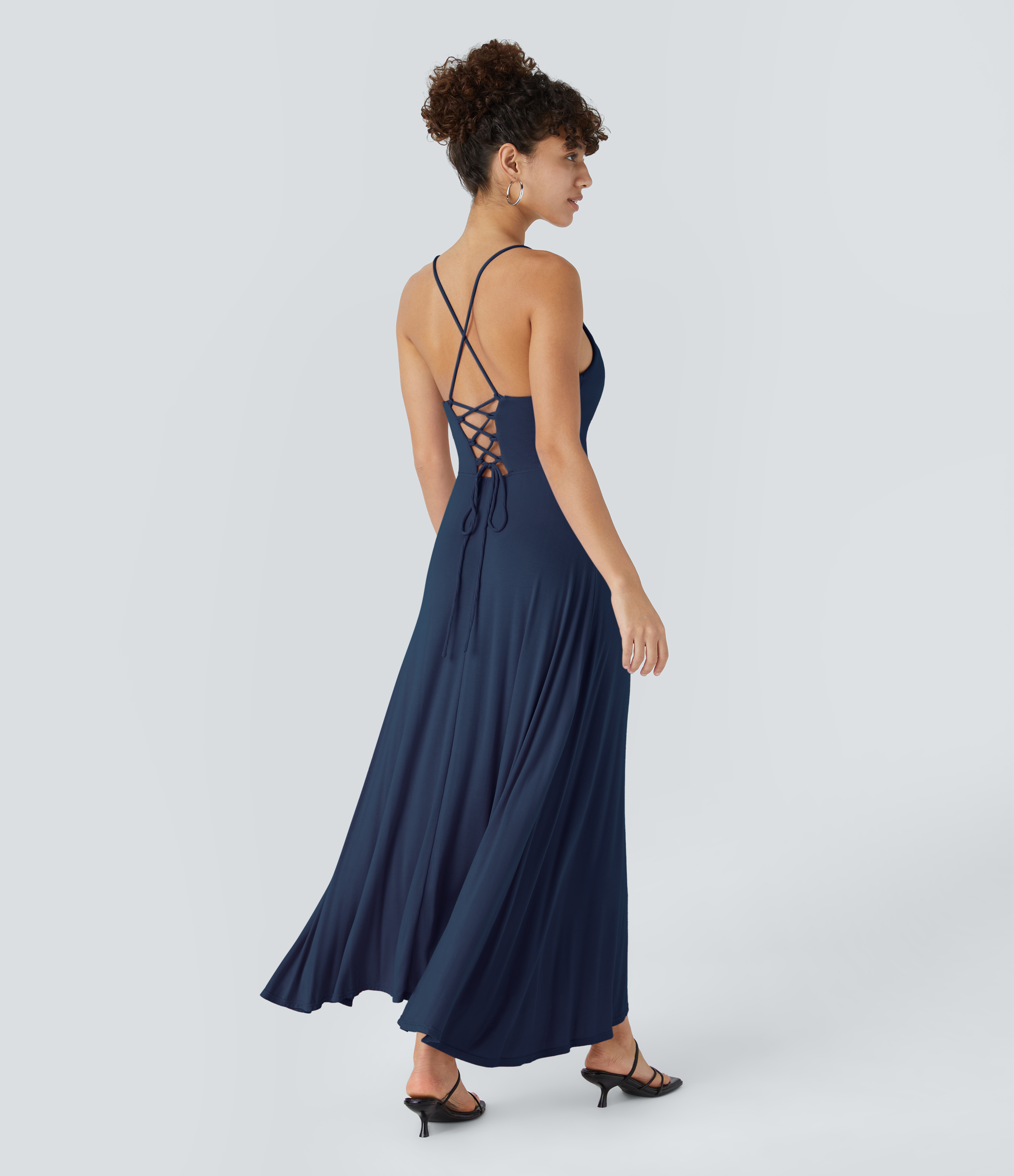 Halara Ribbed Cowl Neck Backless Crisscross Lace Up Split Midi Party Dress Casual Dress - Nightfall Blue - S slip dress beach dress 