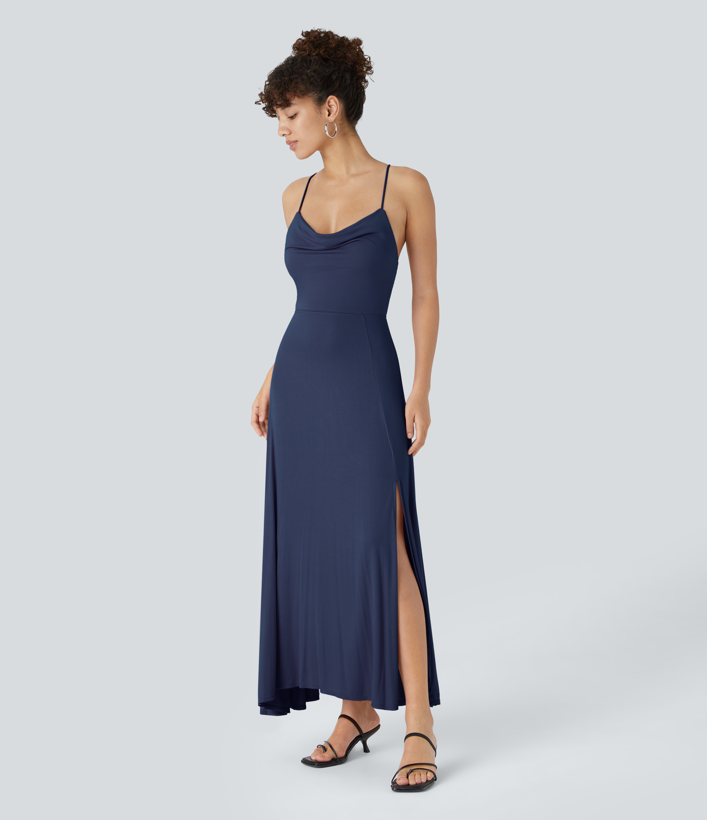 Halara Ribbed Cowl Neck Backless Crisscross Lace Up Split Midi Party Dress Casual Dress - Nightfall Blue - S slip dress beach dress 