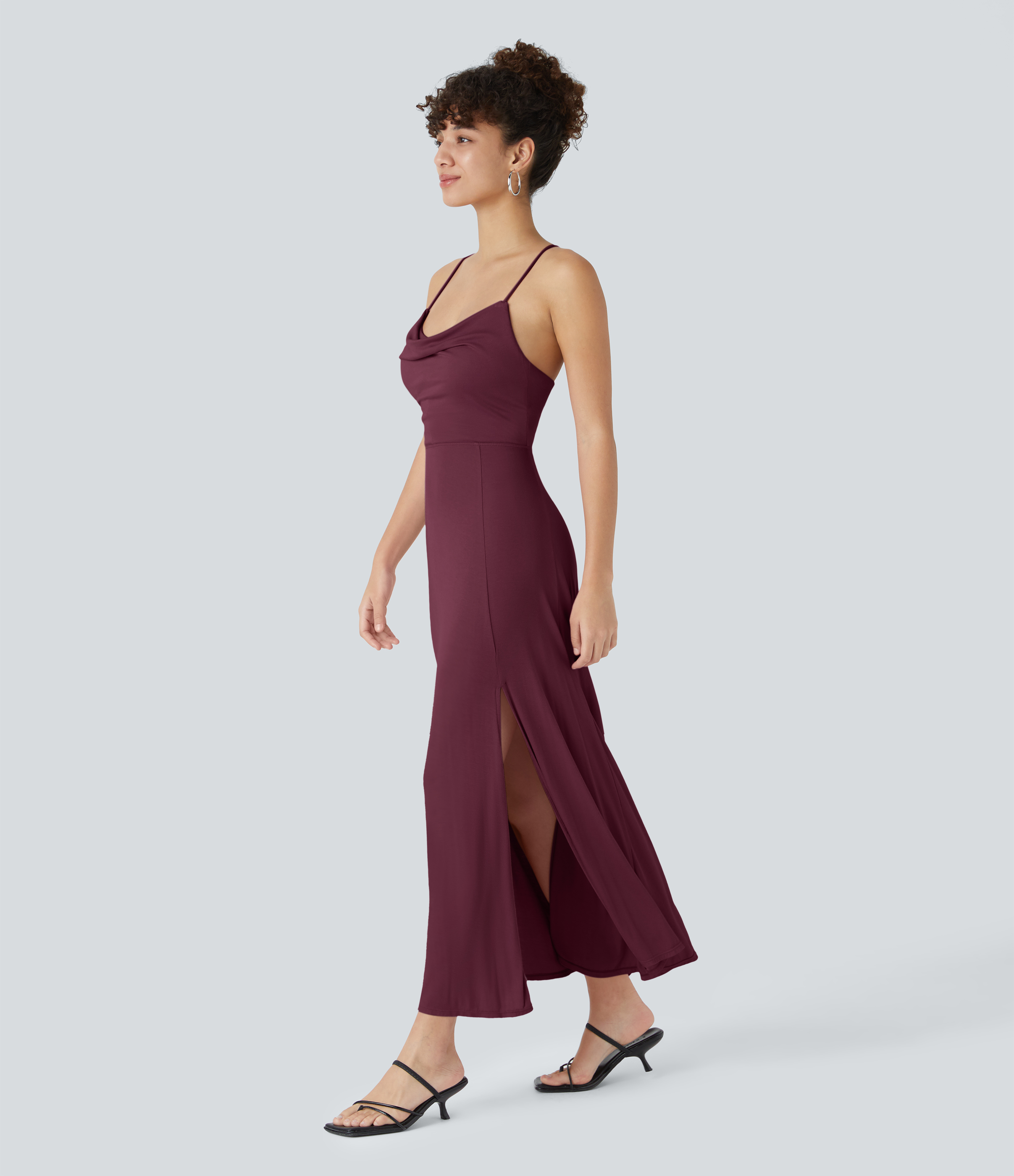 Halara Ribbed Cowl Neck Backless Crisscross Lace Up Split Midi Party Dress Casual Dress - Maroon Banner - XS slip dress beach dress 