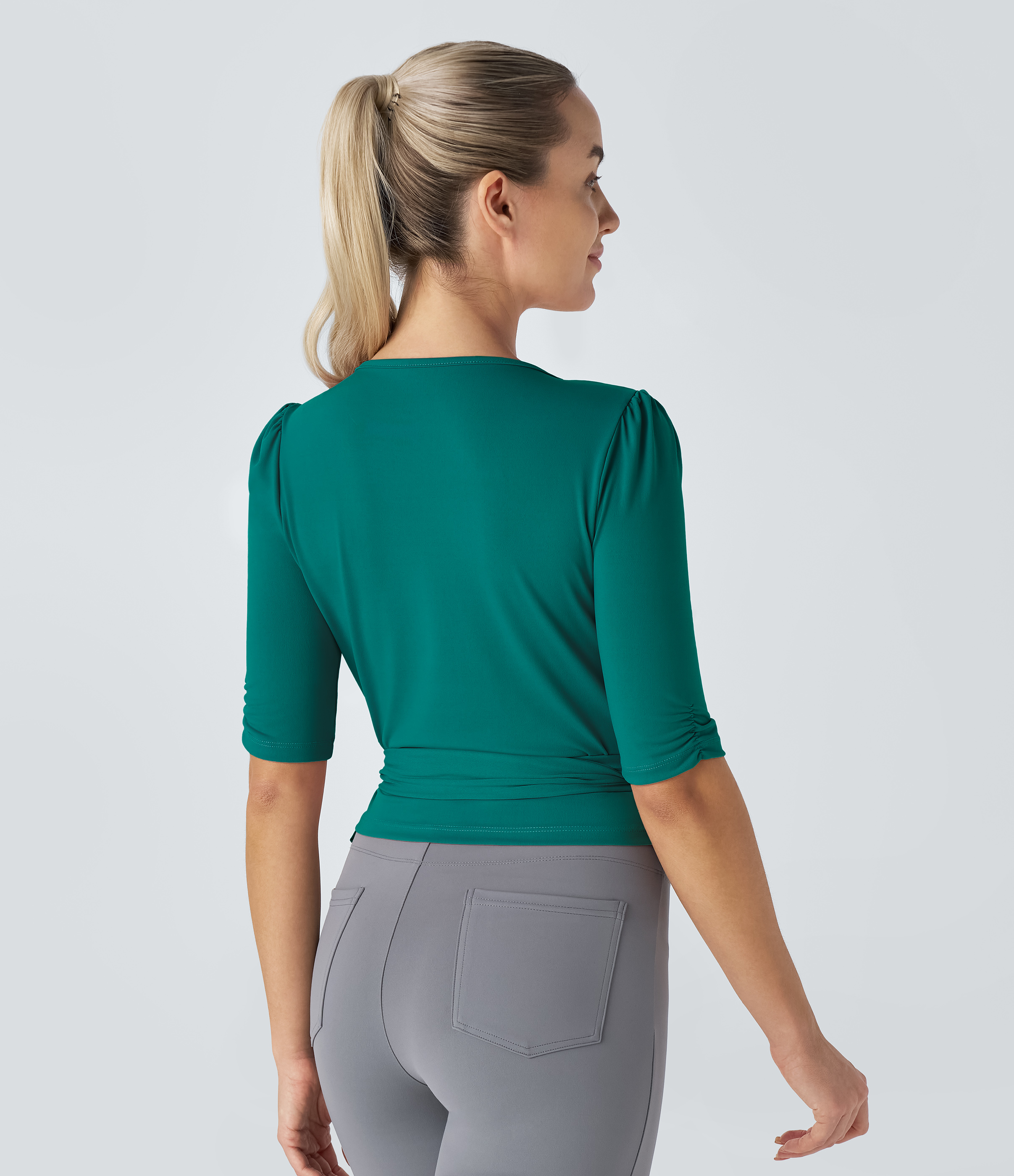 Halara V Neck Wrapped Tie Side Work Blouse  - Turquoise Green - XL 