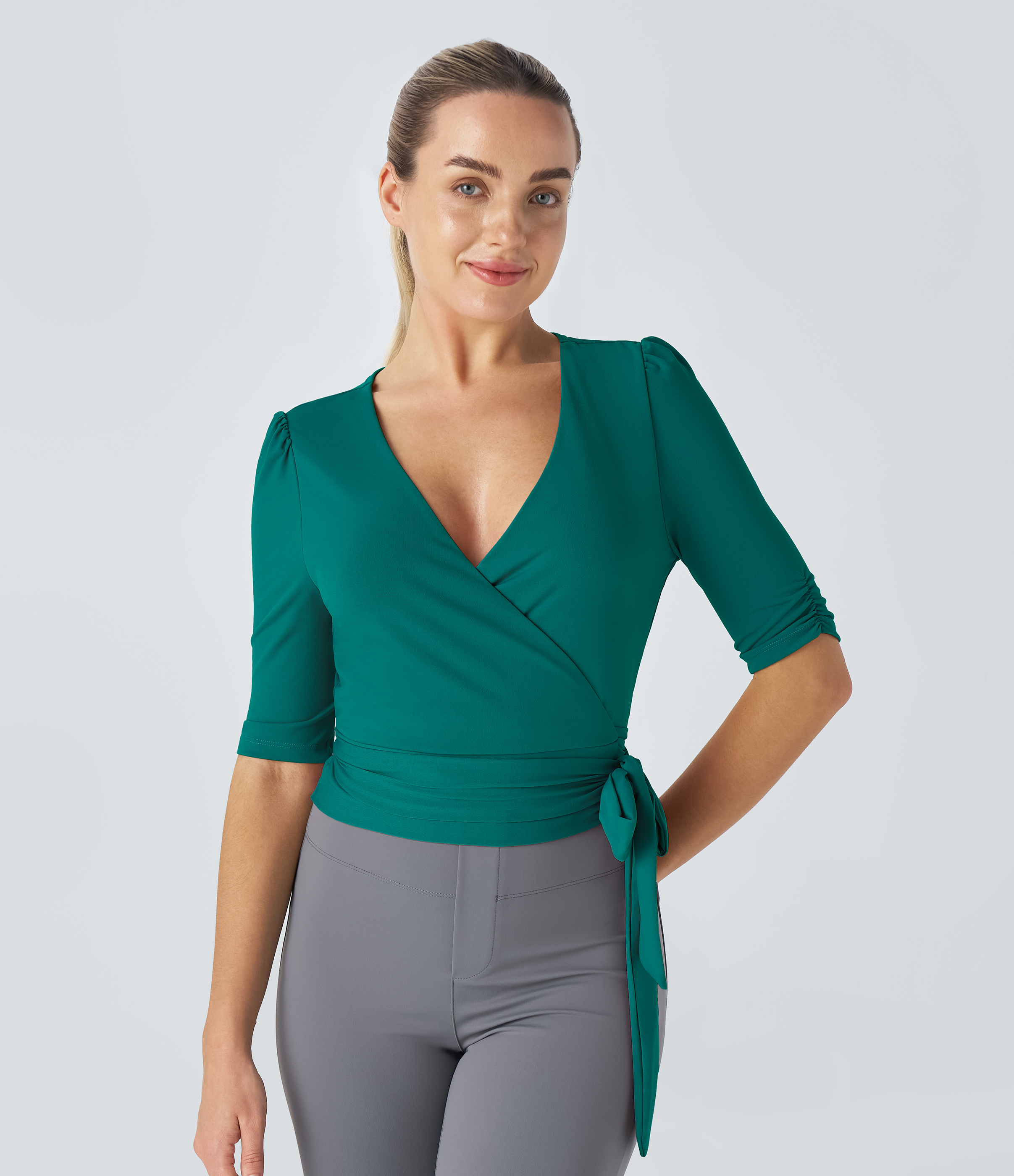 Halara V Neck Wrapped Tie Side Work Blouse  - Turquoise Green - XL 