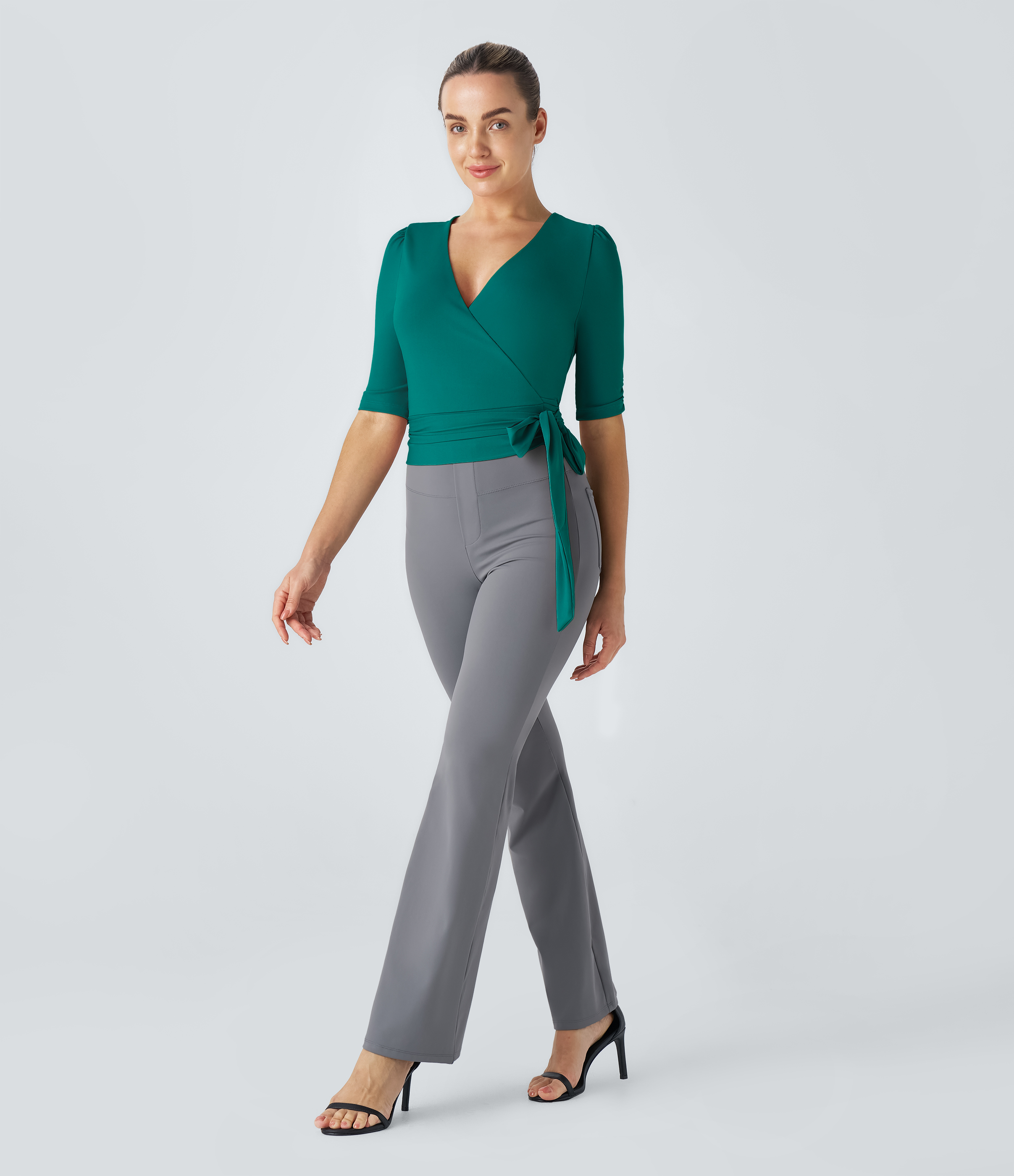 Halara V Neck Wrapped Tie Side Work Blouse  - Turquoise Green - XL 