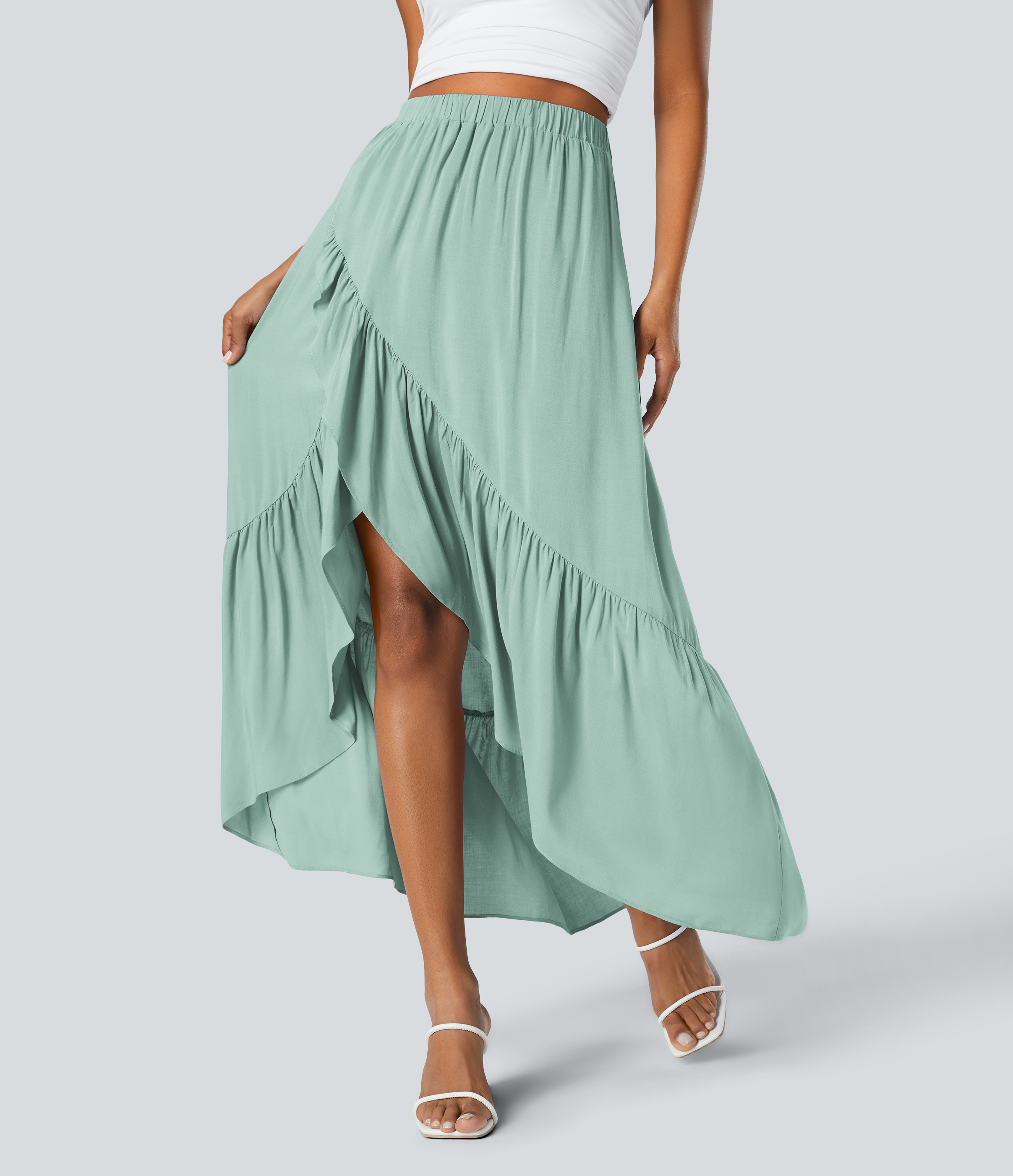 Halara High Waisted Plicated High Low Ruffle Hem Flowy Maxi Resort Skirt  - Smoky Cyan - XL(regular) 