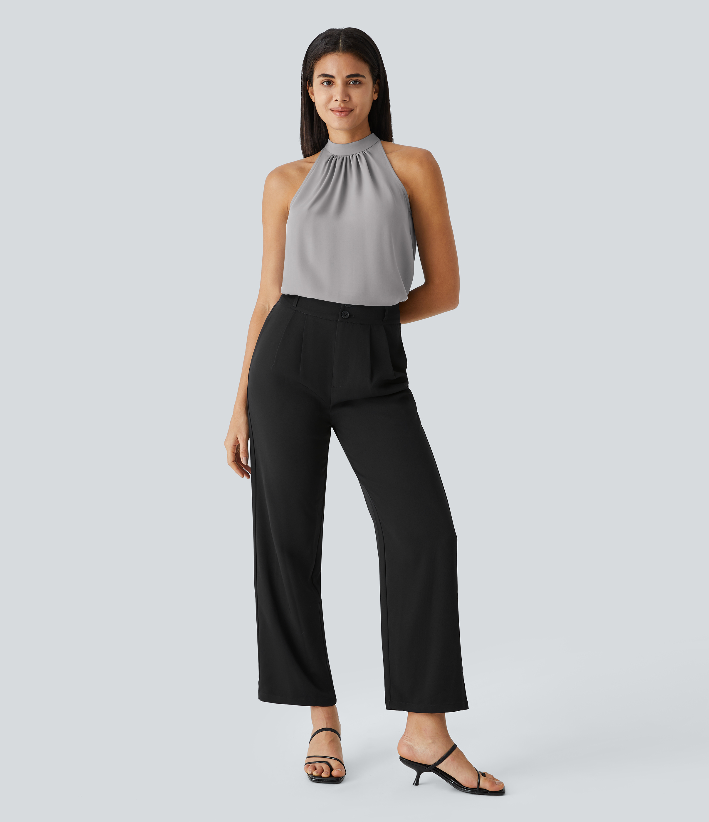 Halara Keyhole Back Halter Plicated Sleeveless Curved Hem Work Blouse  - Sandalwood Grey - L 