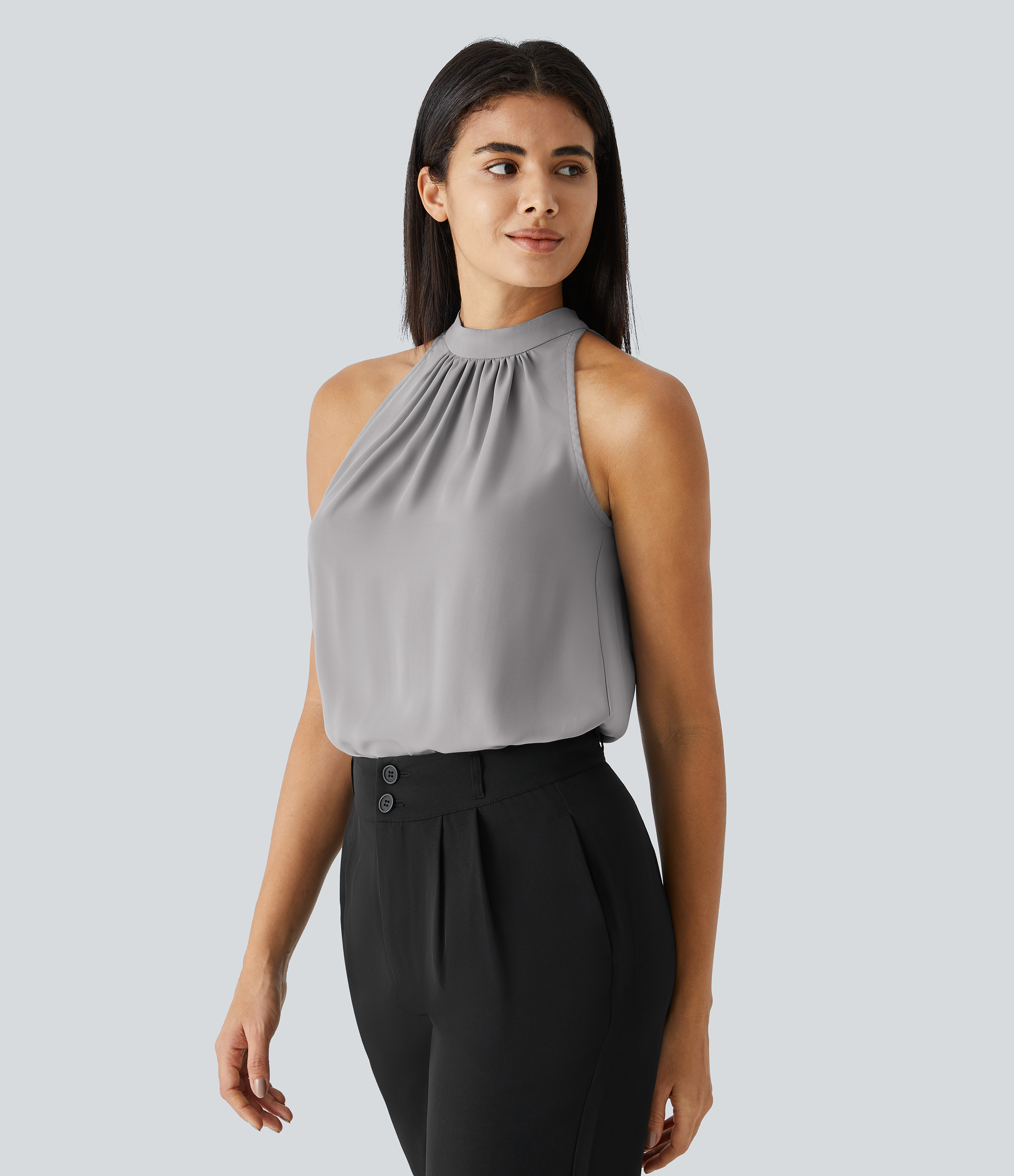 Halara Keyhole Back Halter Plicated Sleeveless Curved Hem Work Blouse  - Sandalwood Grey - L 