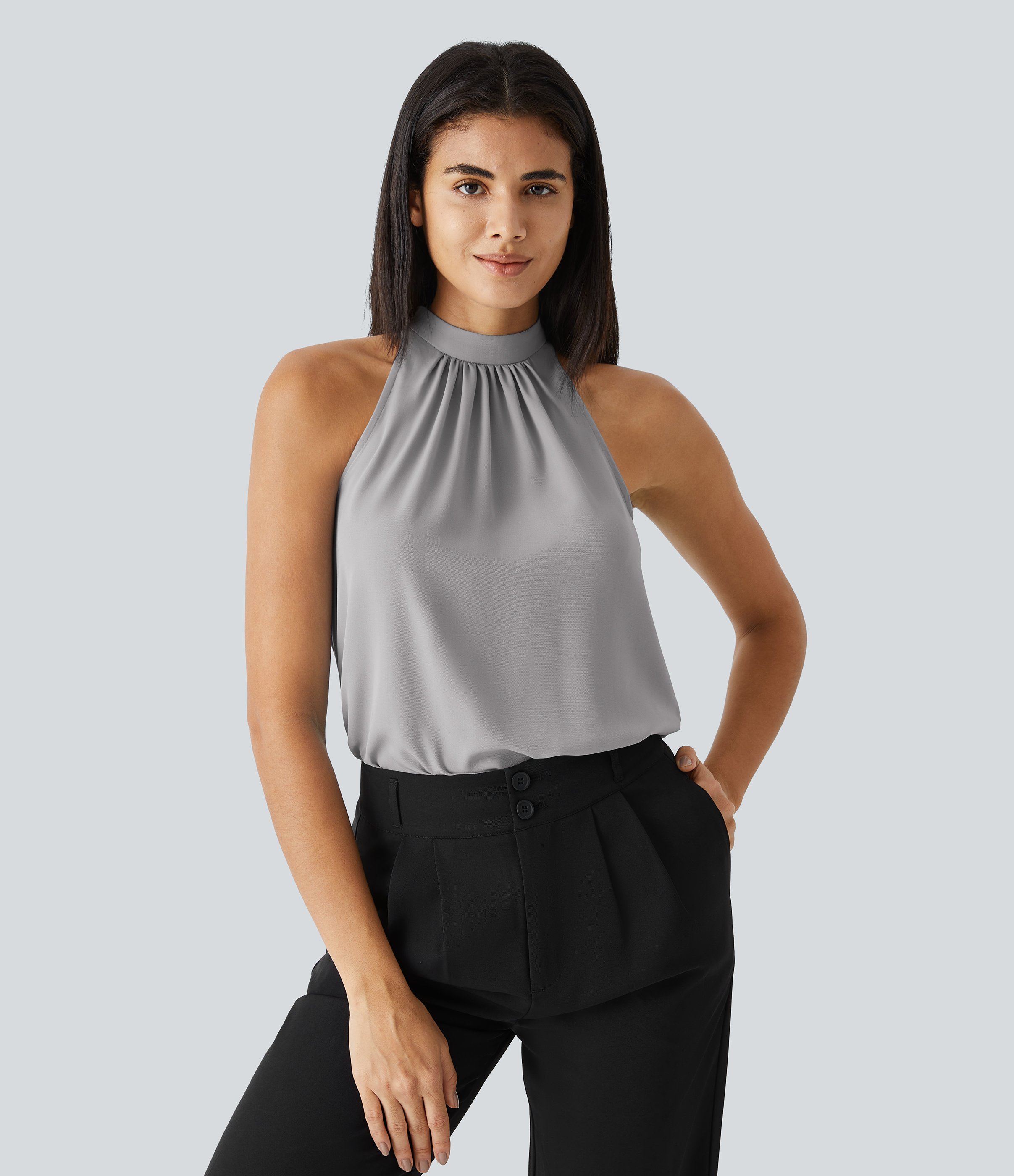 Halara Keyhole Back Halter Plicated Sleeveless Curved Hem Work Blouse  - Sandalwood Grey - L 