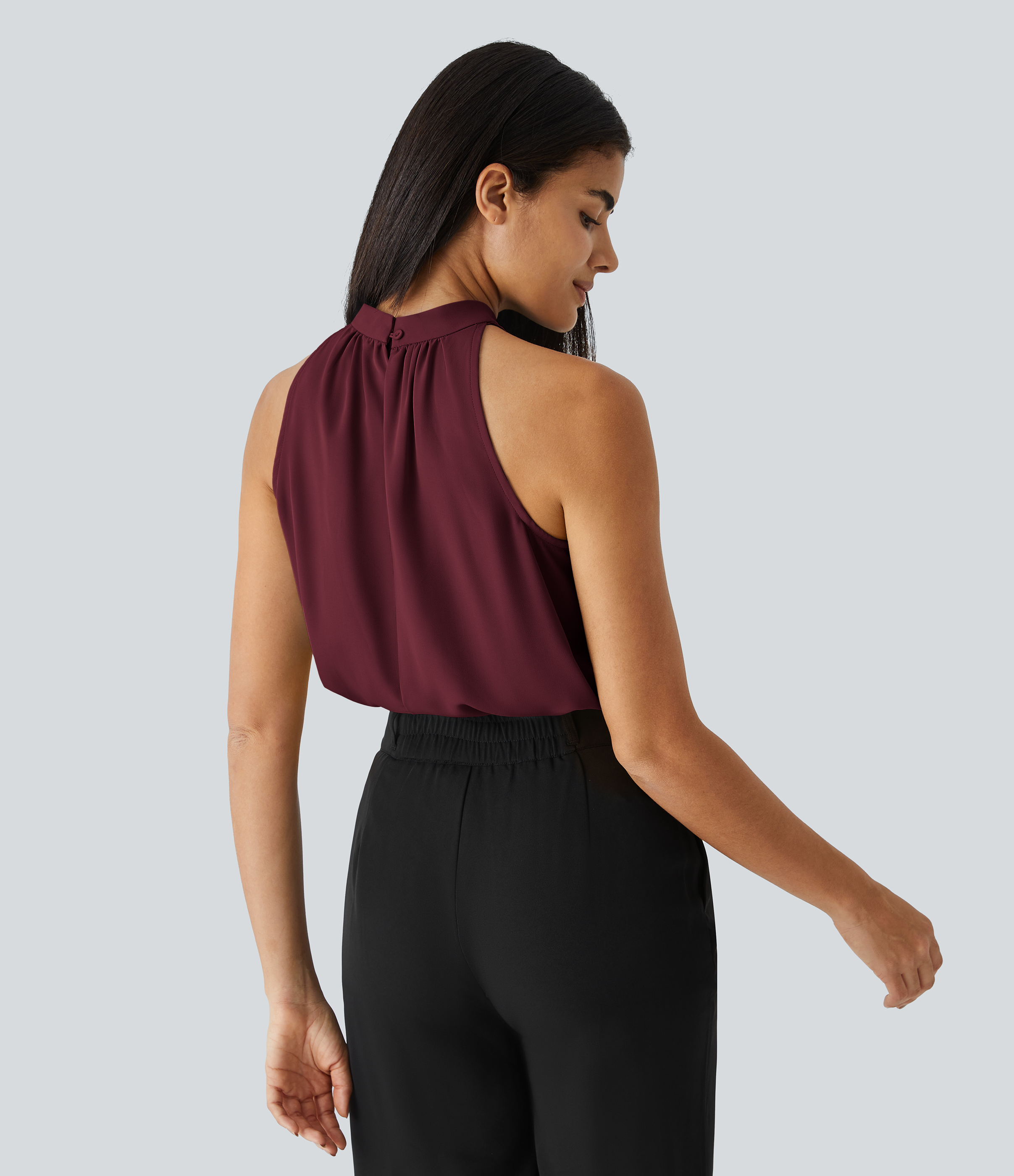 Halara Keyhole Back Halter Plicated Sleeveless Curved Hem Work Blouse  - Sangria - S 