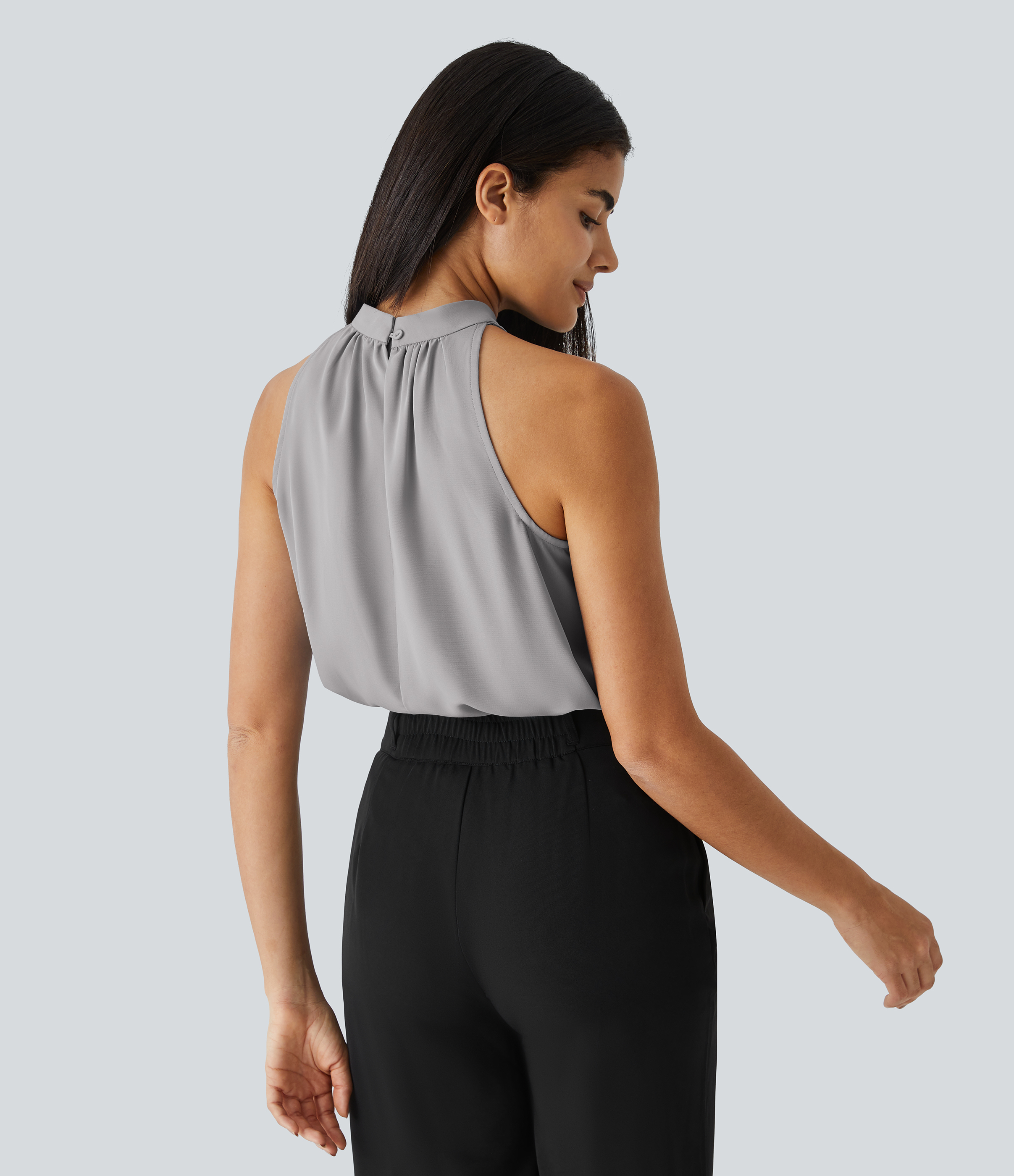 Halara Keyhole Back Halter Plicated Sleeveless Curved Hem Work Blouse  - Sandalwood Grey - L 