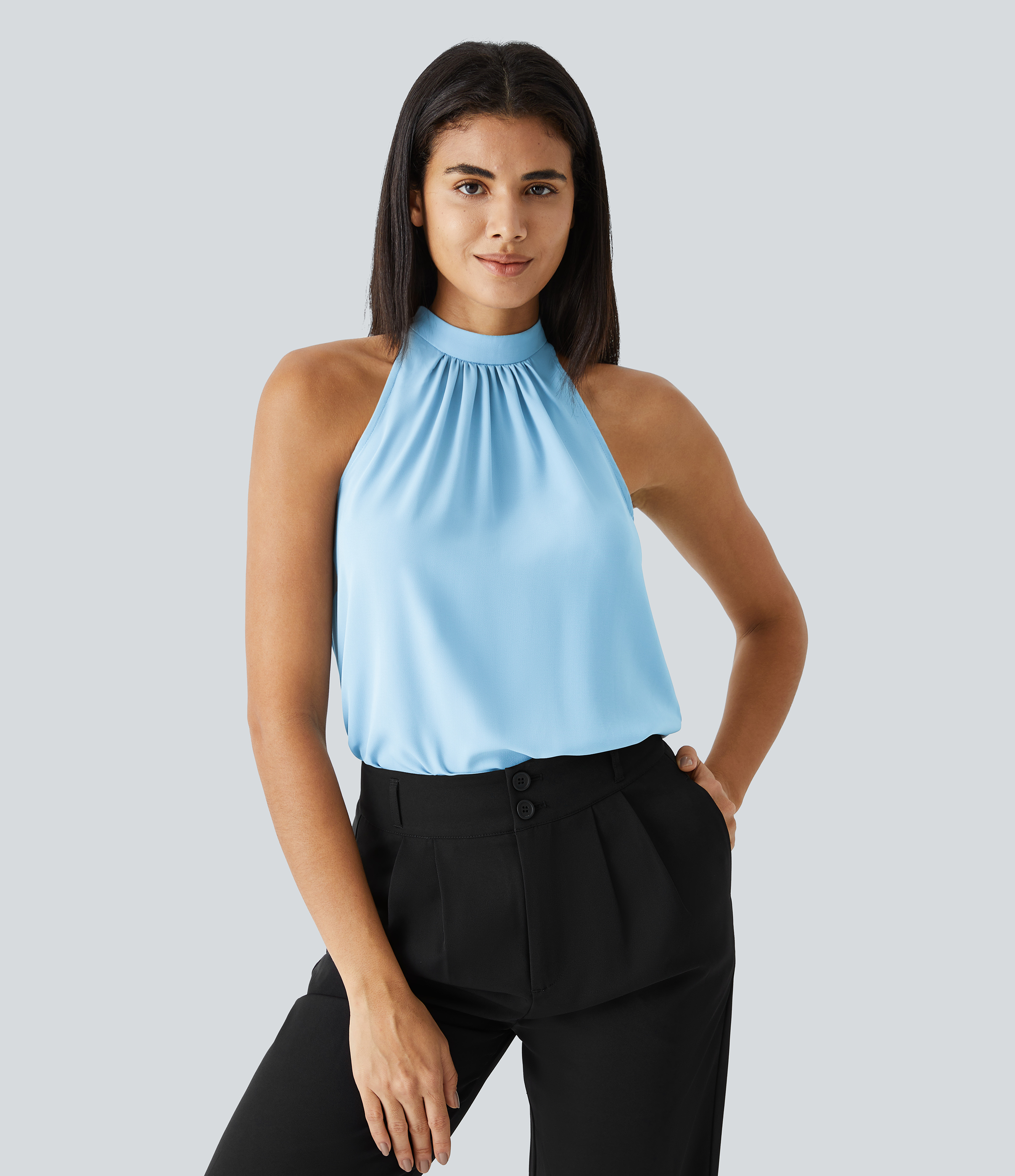 Halara Keyhole Back Halter Plicated Sleeveless Curved Hem Work Blouse  - Rippling Blue - L 