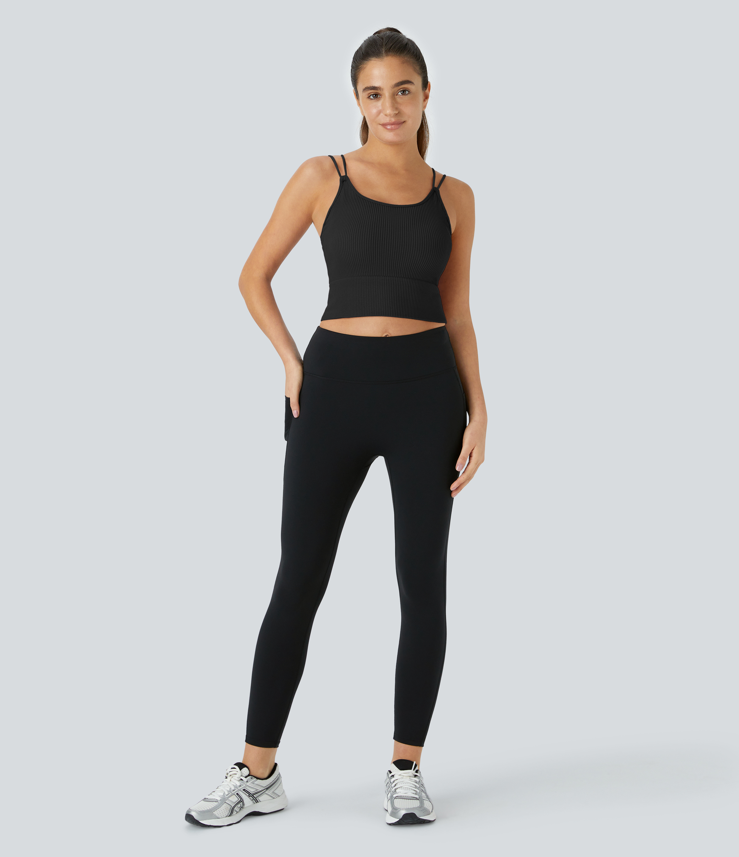 Halara Seamless Flow Double Straps V Back Cropped Running Cami Top Tank Top - Black - L golf tops halter top tunic tops sleeveless tops 