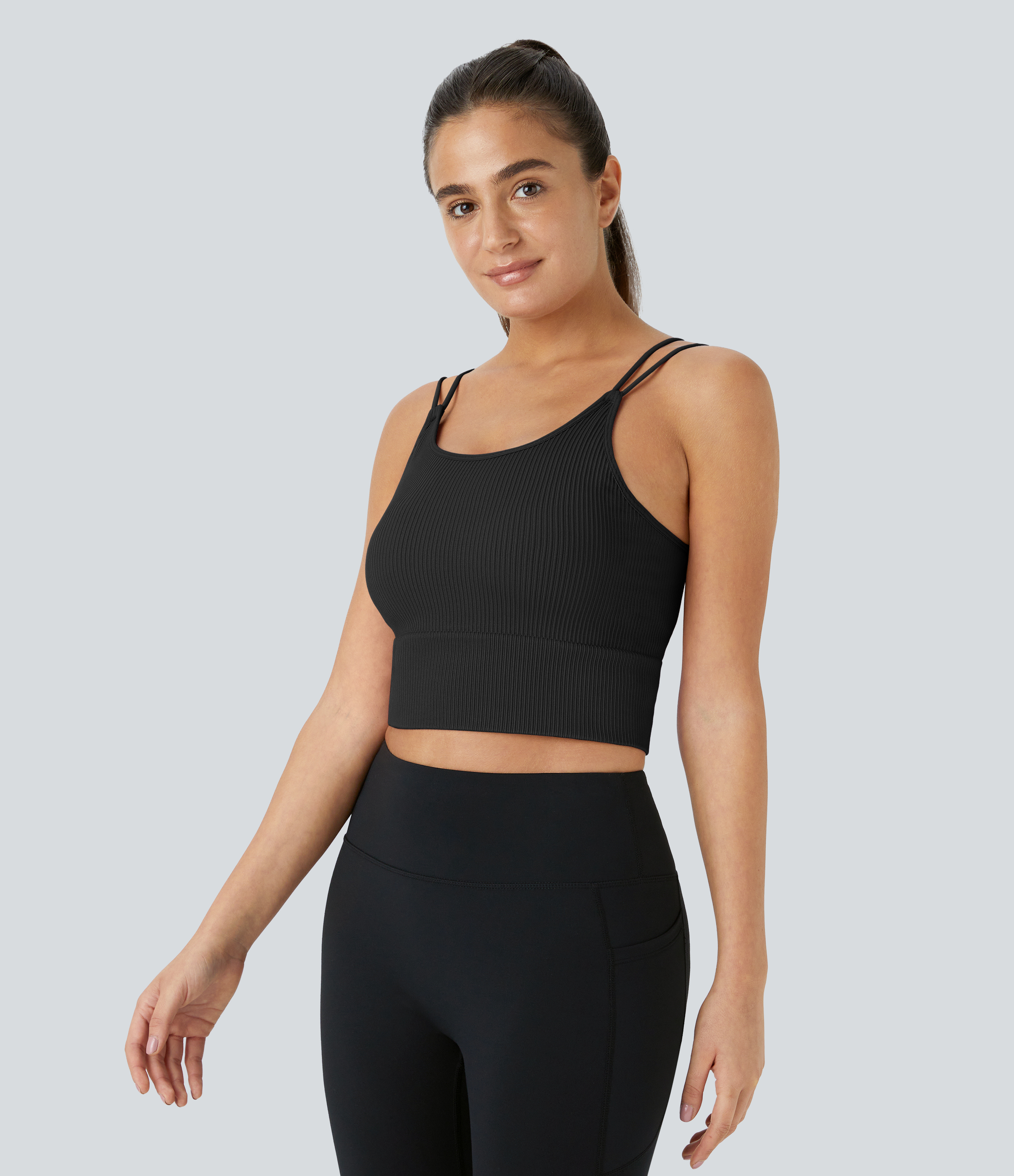 Halara Seamless Flow Double Straps V Back Cropped Running Cami Top Tank Top - Black - L golf tops halter top tunic tops sleeveless tops 