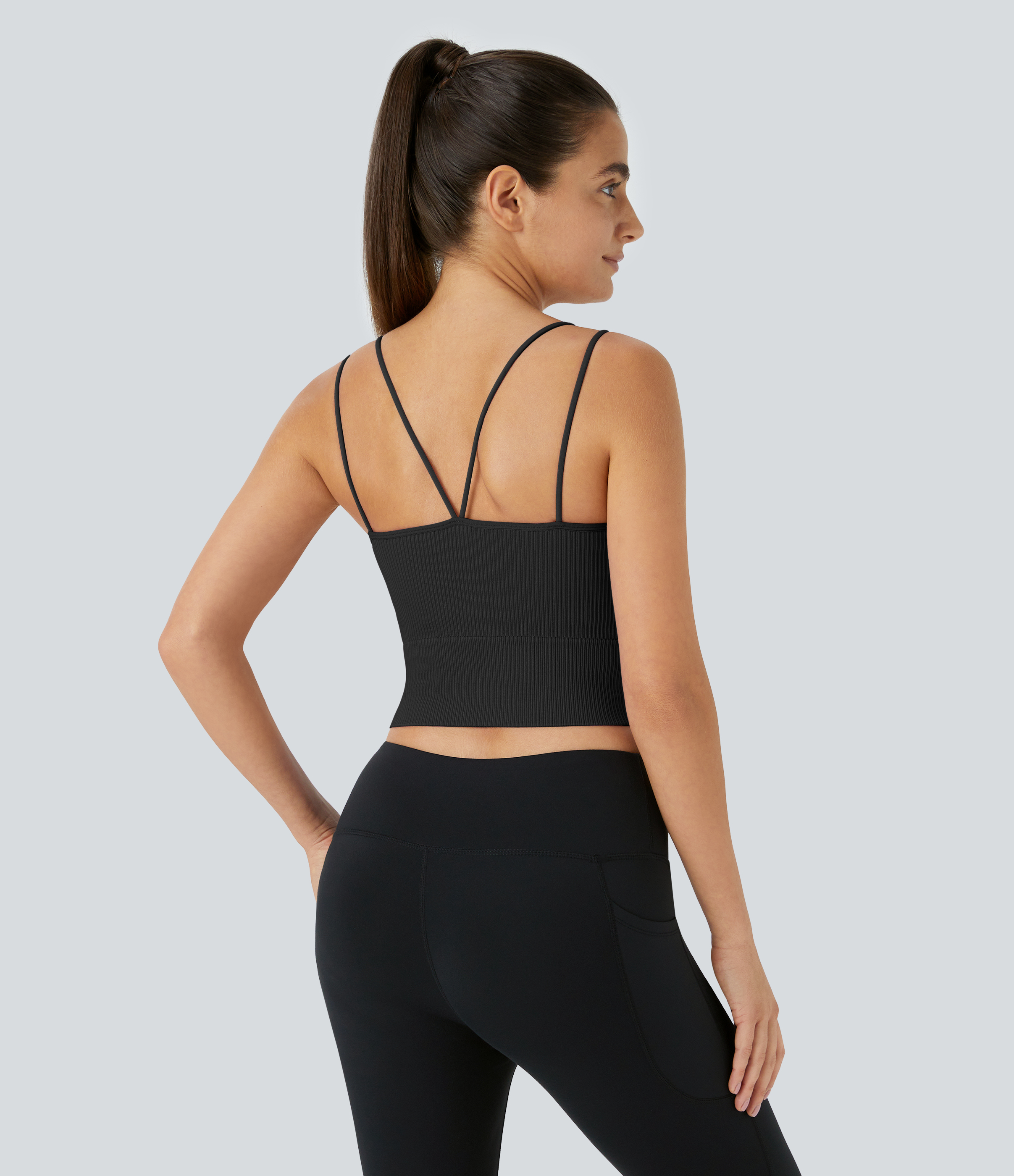 Halara Seamless Flow Double Straps V Back Cropped Running Cami Top Tank Top - Black - L golf tops halter top tunic tops sleeveless tops 