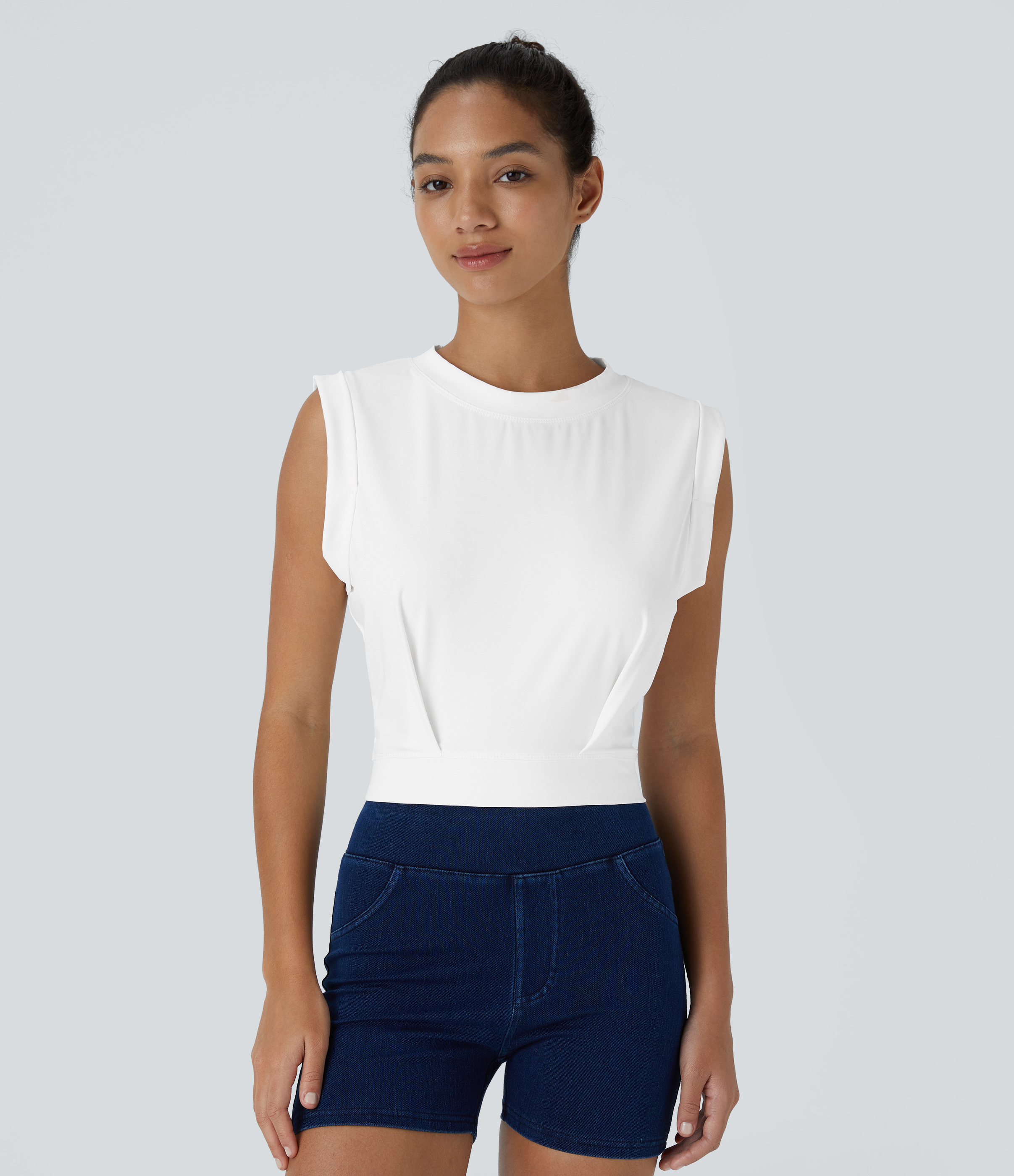 Halara Crew Neck Sleeveless Cropped Yoga Tank Top Tank Top - White - XL golf tops halter top tunic tops sleeveless tops backless top 