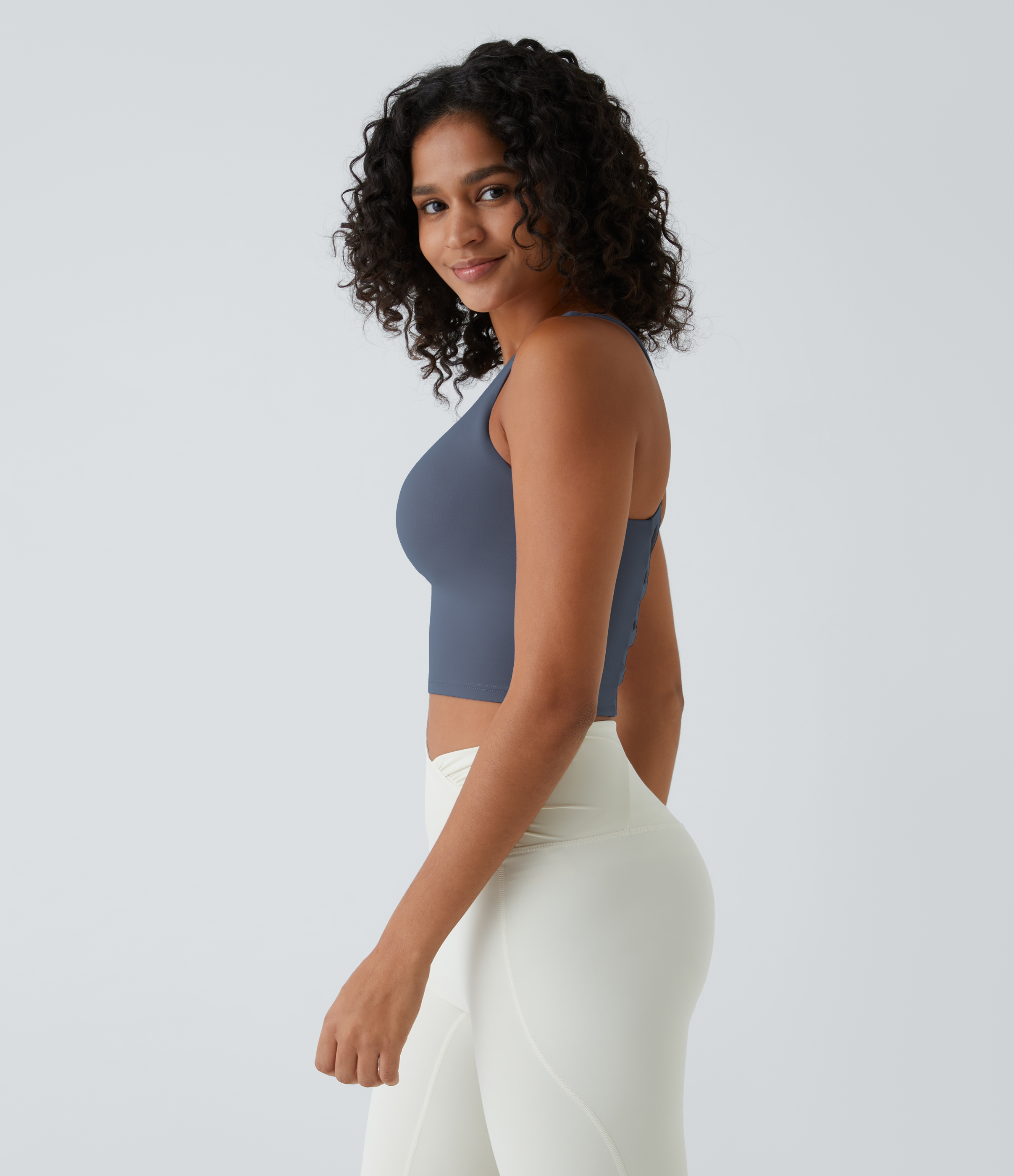 Halara Crisscross Backless Cropped Yoga Tank Top Tank Top - Bering Sea - XS golf tops halter top tunic tops sleeveless tops backless top 