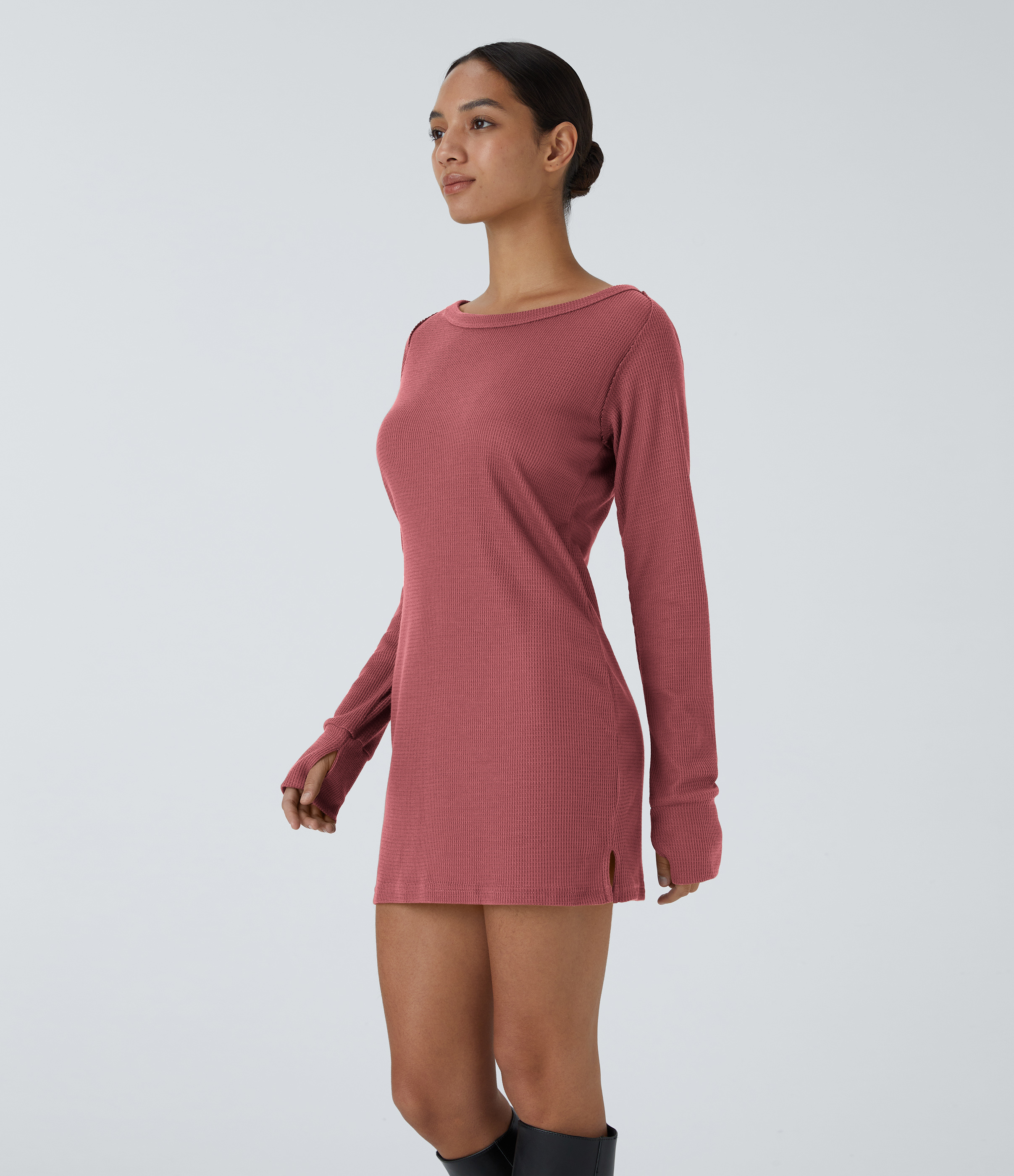 Halara Boat Neck Raglan Sleeve Thumb Hole Split Hem Waffle Casual Sweatshirt Dress  - Mauveglow - XL 