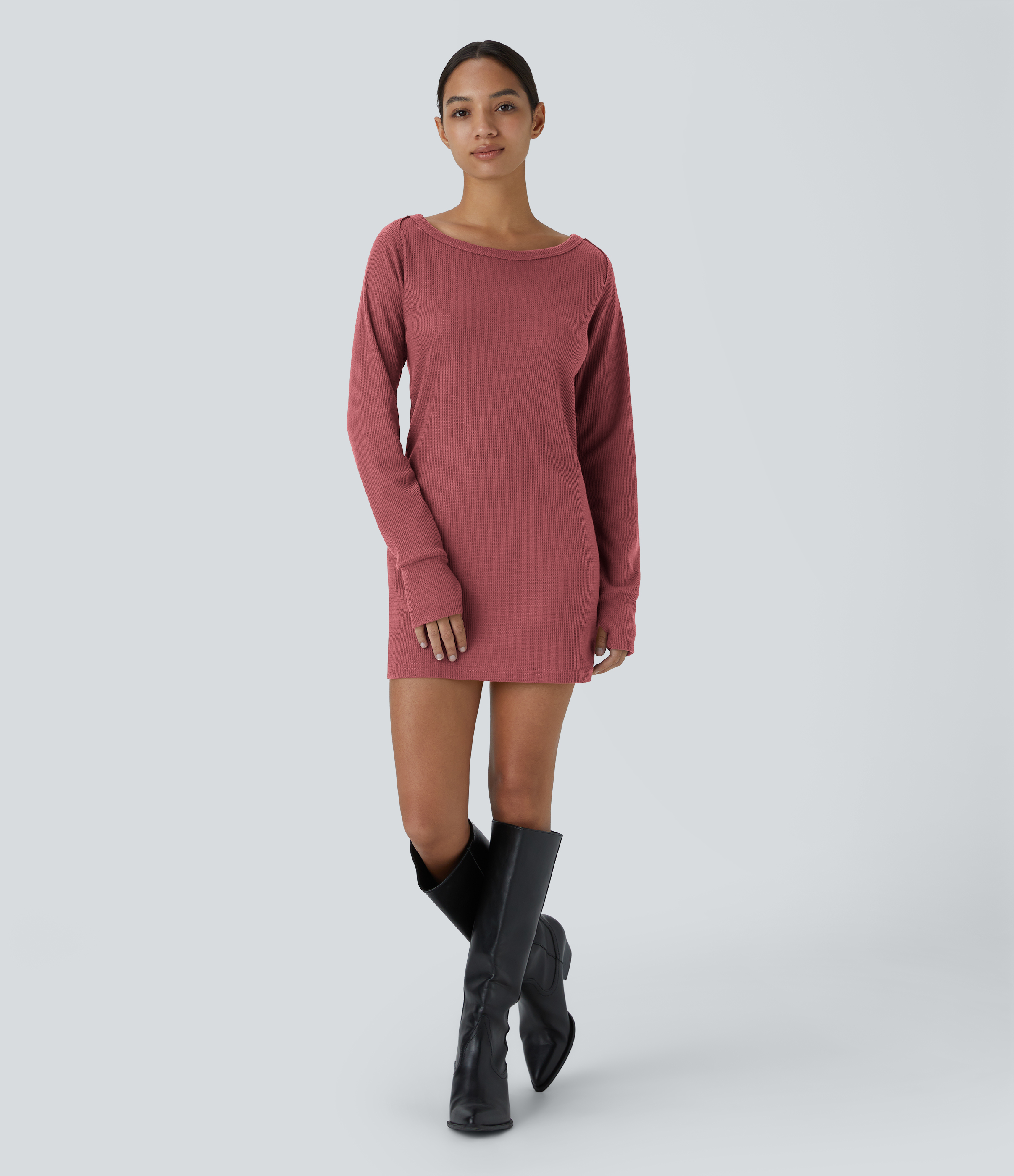 Halara Boat Neck Raglan Sleeve Thumb Hole Split Hem Waffle Casual Sweatshirt Dress  - Mauveglow - XL 