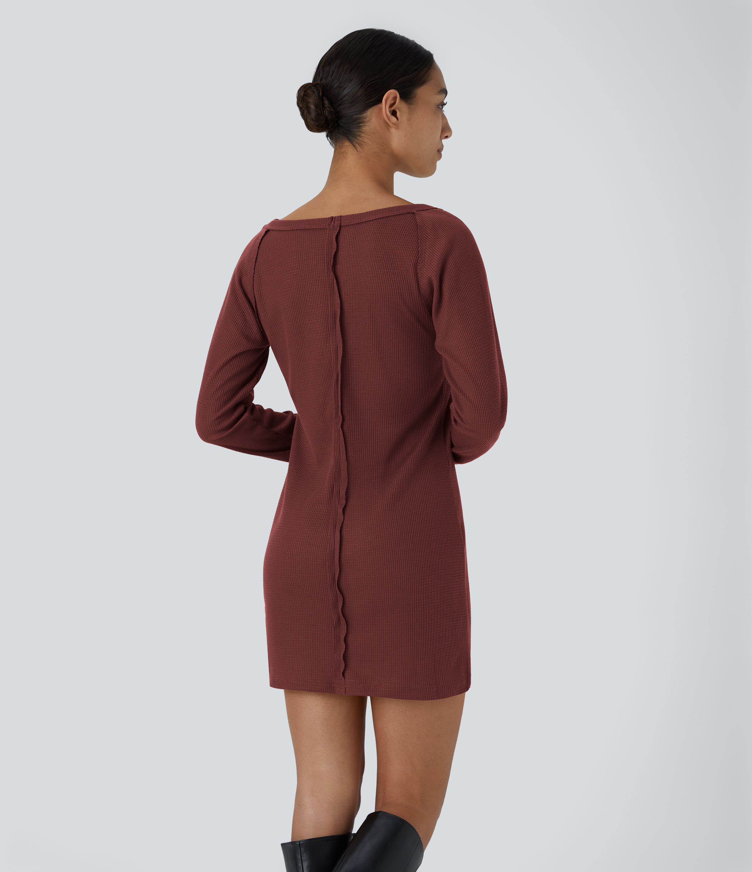 Halara Boat Neck Raglan Sleeve Thumb Hole Split Hem Waffle Casual Sweatshirt Dress  - Oxblood Red - S 