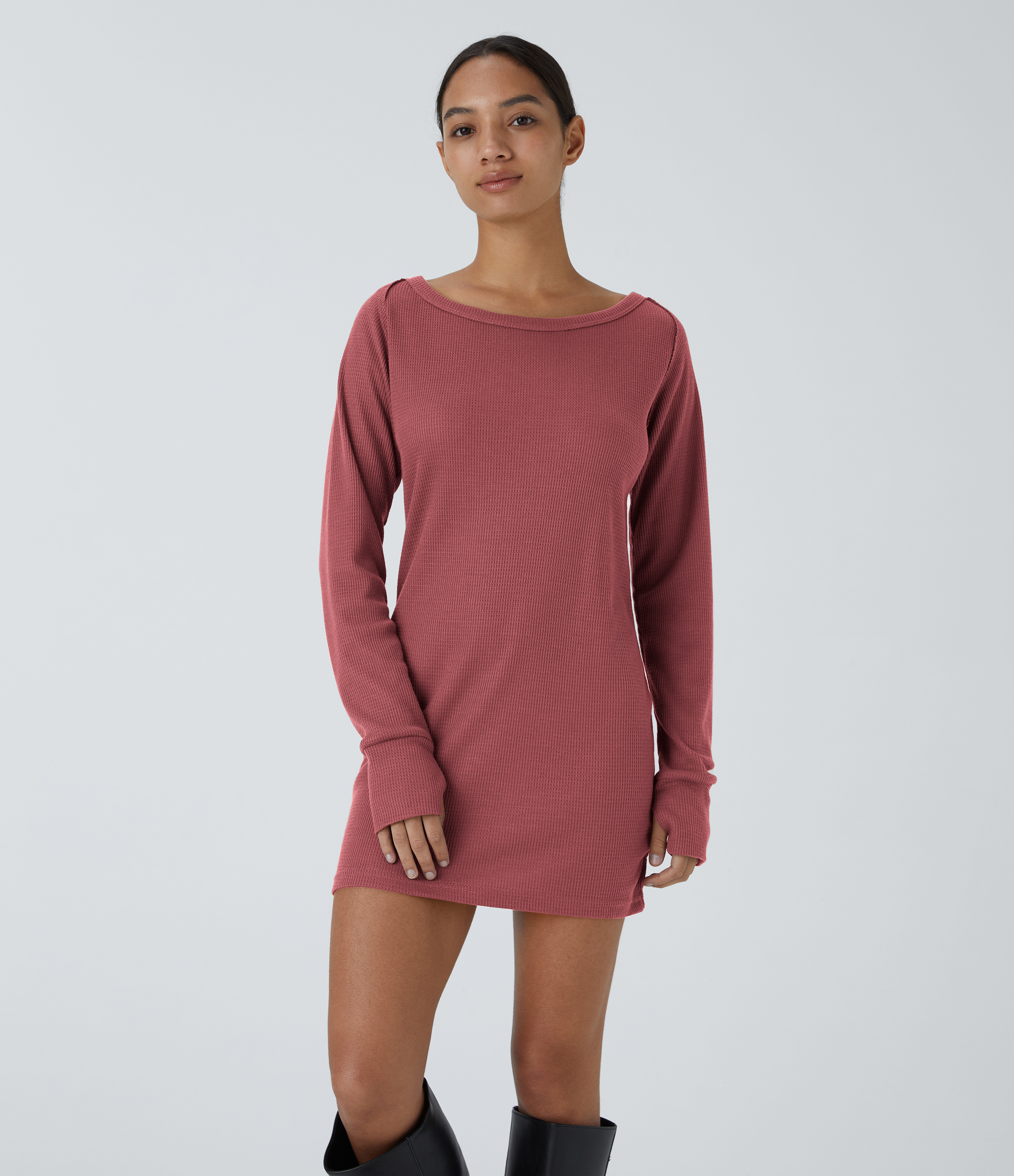 Halara Boat Neck Raglan Sleeve Thumb Hole Split Hem Waffle Casual Sweatshirt Dress  - Mauveglow - XL 