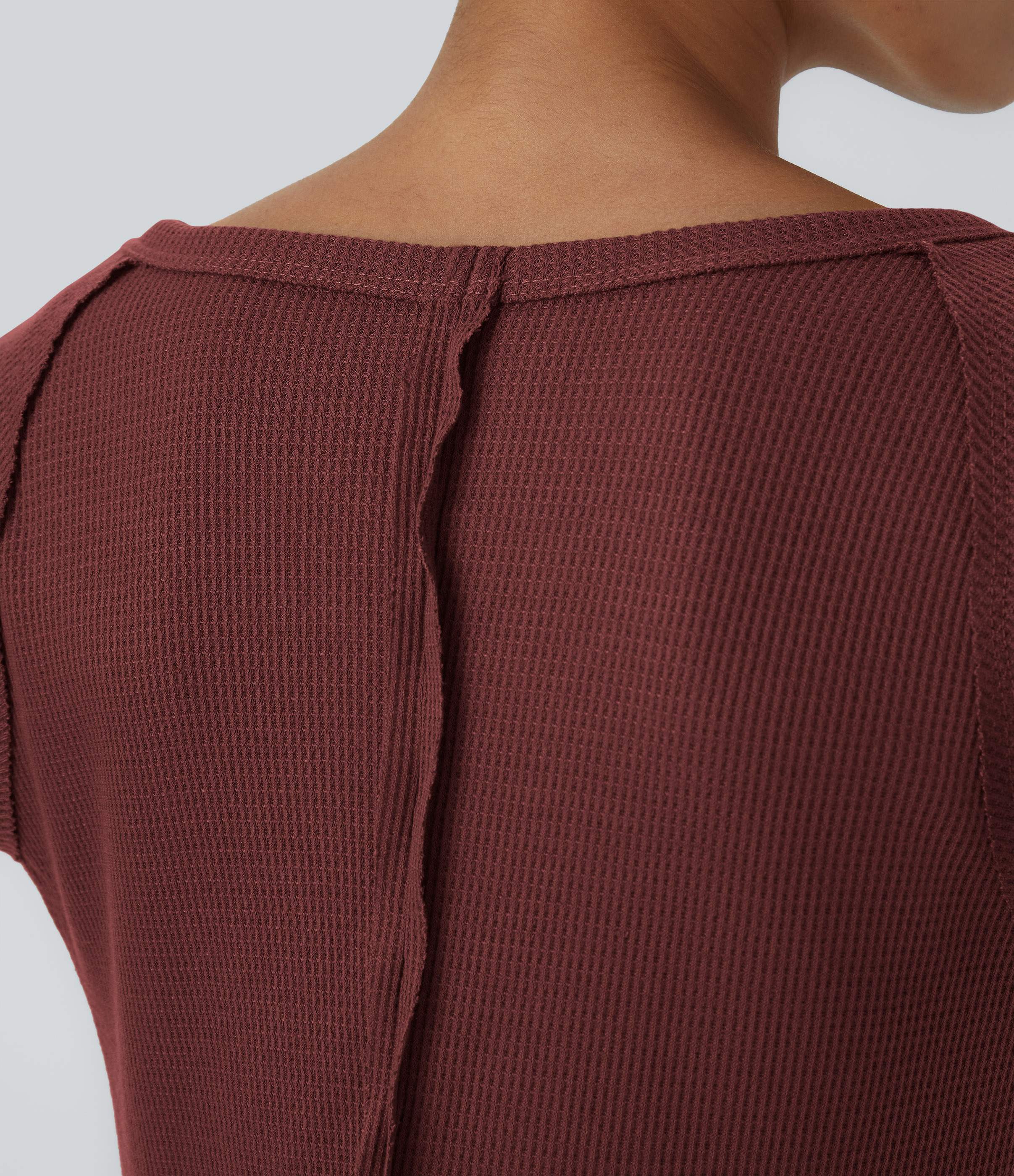 Halara Boat Neck Raglan Sleeve Thumb Hole Split Hem Waffle Casual Sweatshirt Dress  - Oxblood Red - S 