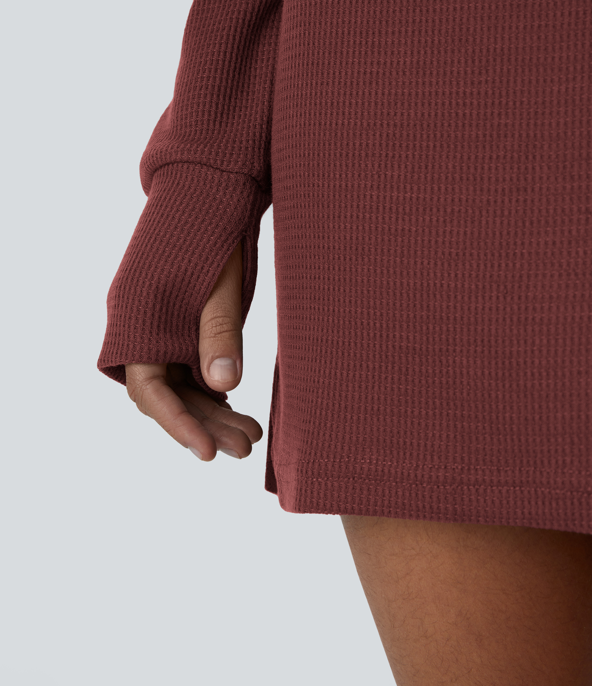 Halara Boat Neck Raglan Sleeve Thumb Hole Split Hem Waffle Casual Sweatshirt Dress  - Oxblood Red - S 