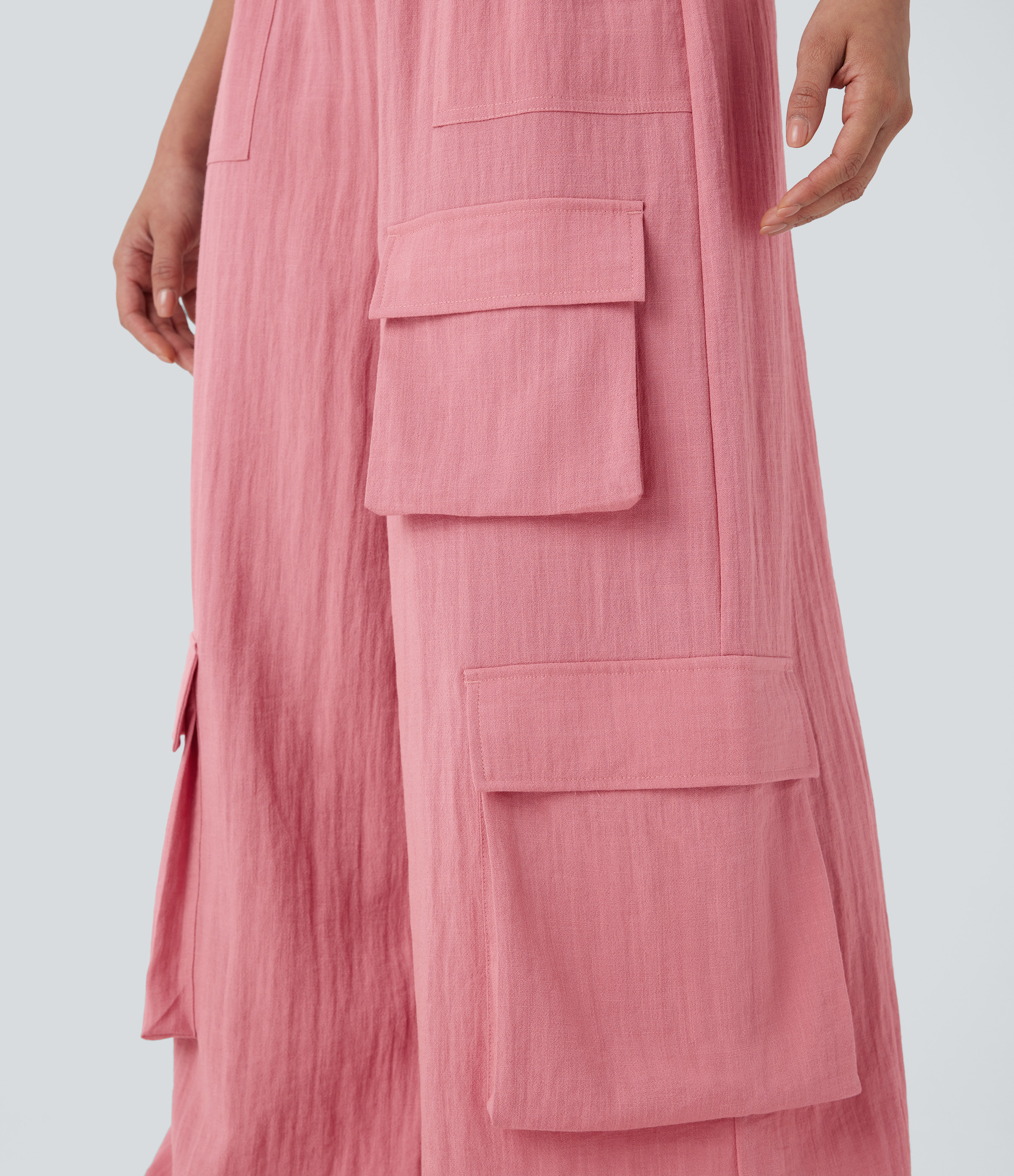 Halara High Waisted Multiple Pockets Wide Leg Work Linen-Feel Cargo Pants  - Rosette - L(regular) sweatpants jogger pants stacked sweatpants 