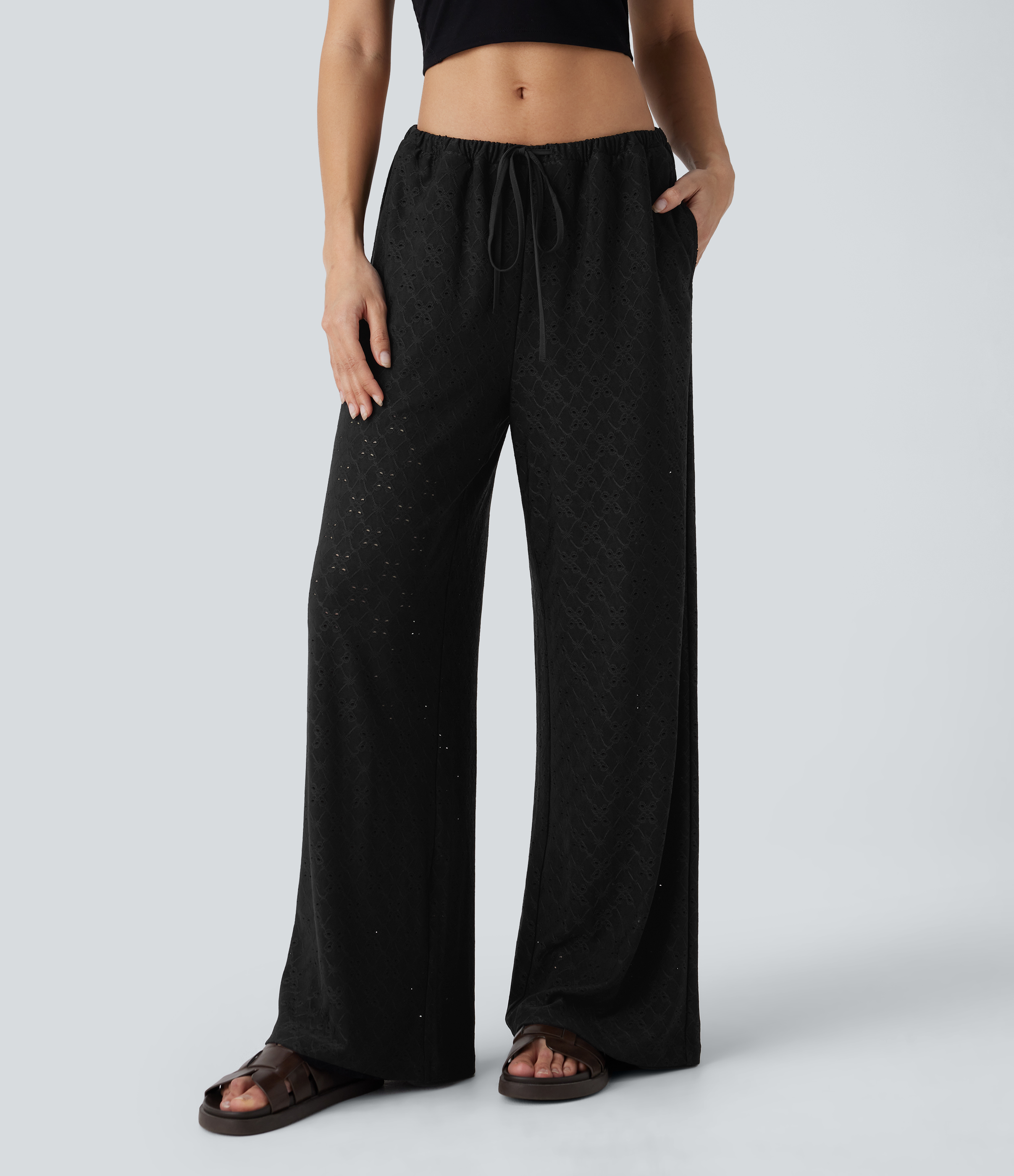 Halara Low Rise Drawstring Side Pocket 2-in-1 Wide Leg Eyelet Embroidery Casual Pants  - Black - XS(regular) sweatpants jogger pants 