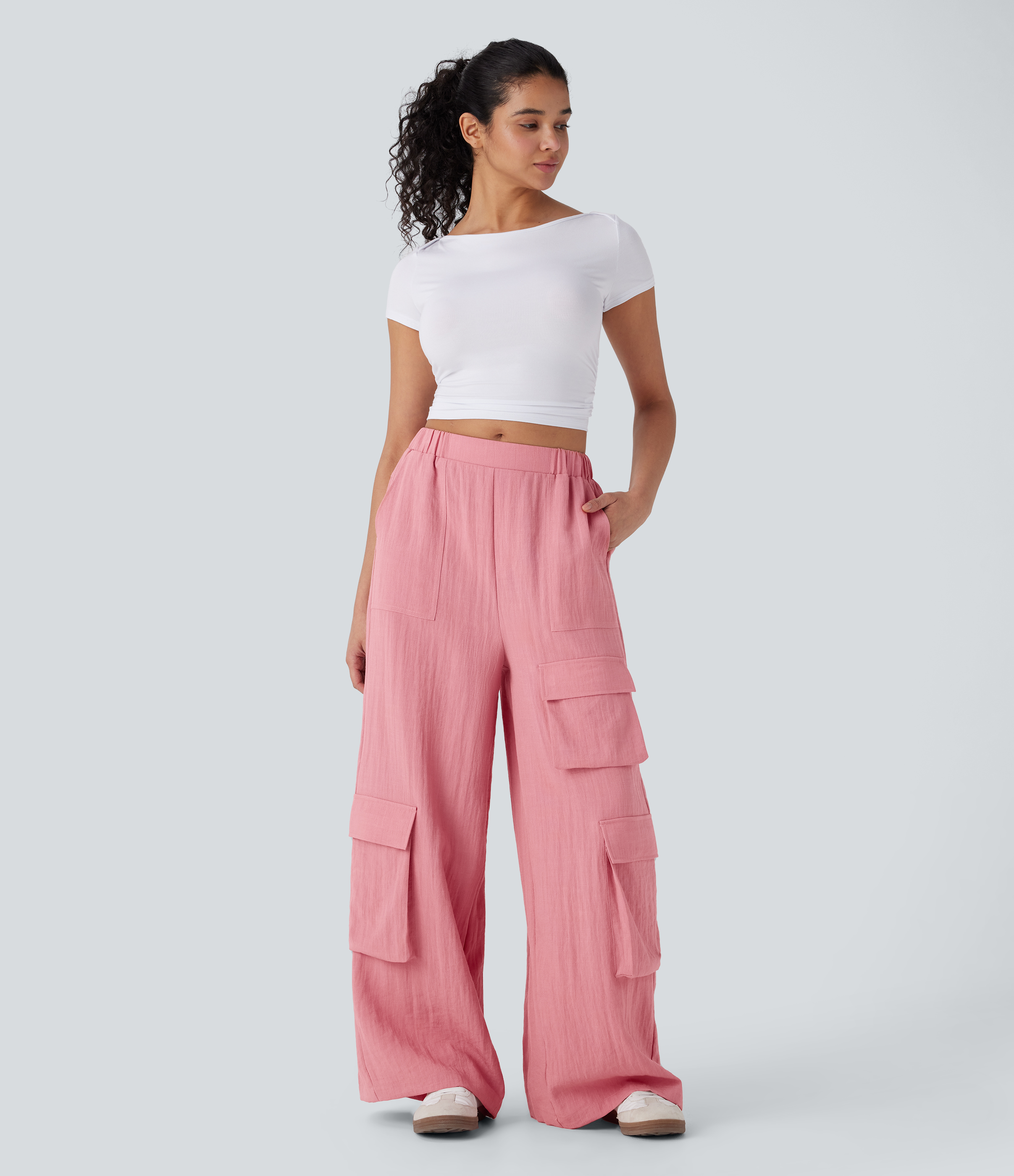 Halara High Waisted Multiple Pockets Wide Leg Work Linen-Feel Cargo Pants  - Rosette - L(regular) sweatpants jogger pants stacked sweatpants 