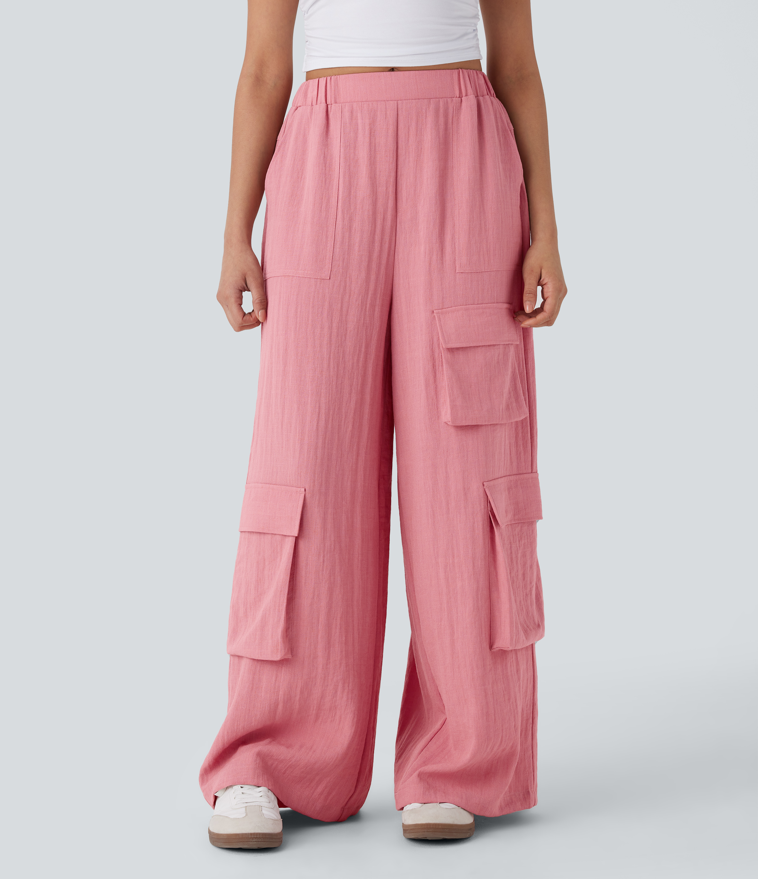 Halara High Waisted Multiple Pockets Wide Leg Work Linen-Feel Cargo Pants  - Rosette - L(regular) sweatpants jogger pants stacked sweatpants 