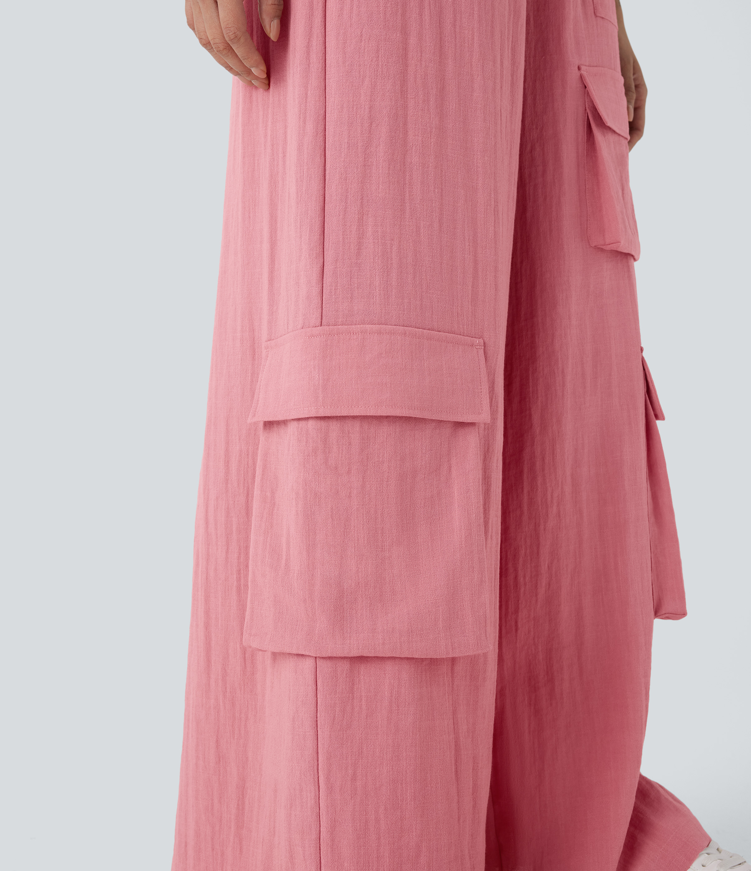 Halara High Waisted Multiple Pockets Wide Leg Work Linen-Feel Cargo Pants  - Rosette - L(regular) sweatpants jogger pants stacked sweatpants 