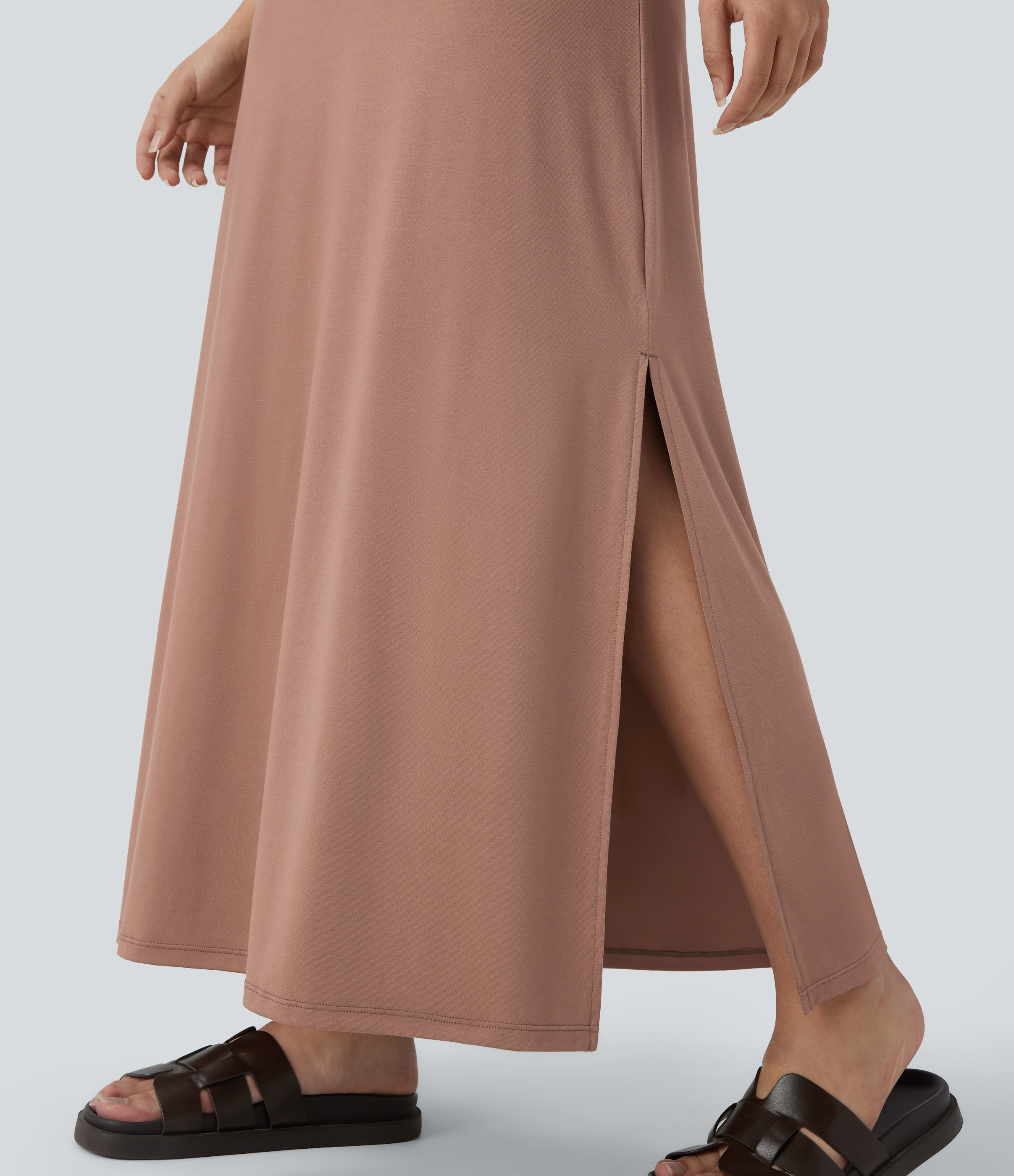 Halara V Neck Split Maxi Casual Tank Dress Casual Dress - Praline - XS slip dress beach dress ruched dress halter dress exercise dress 