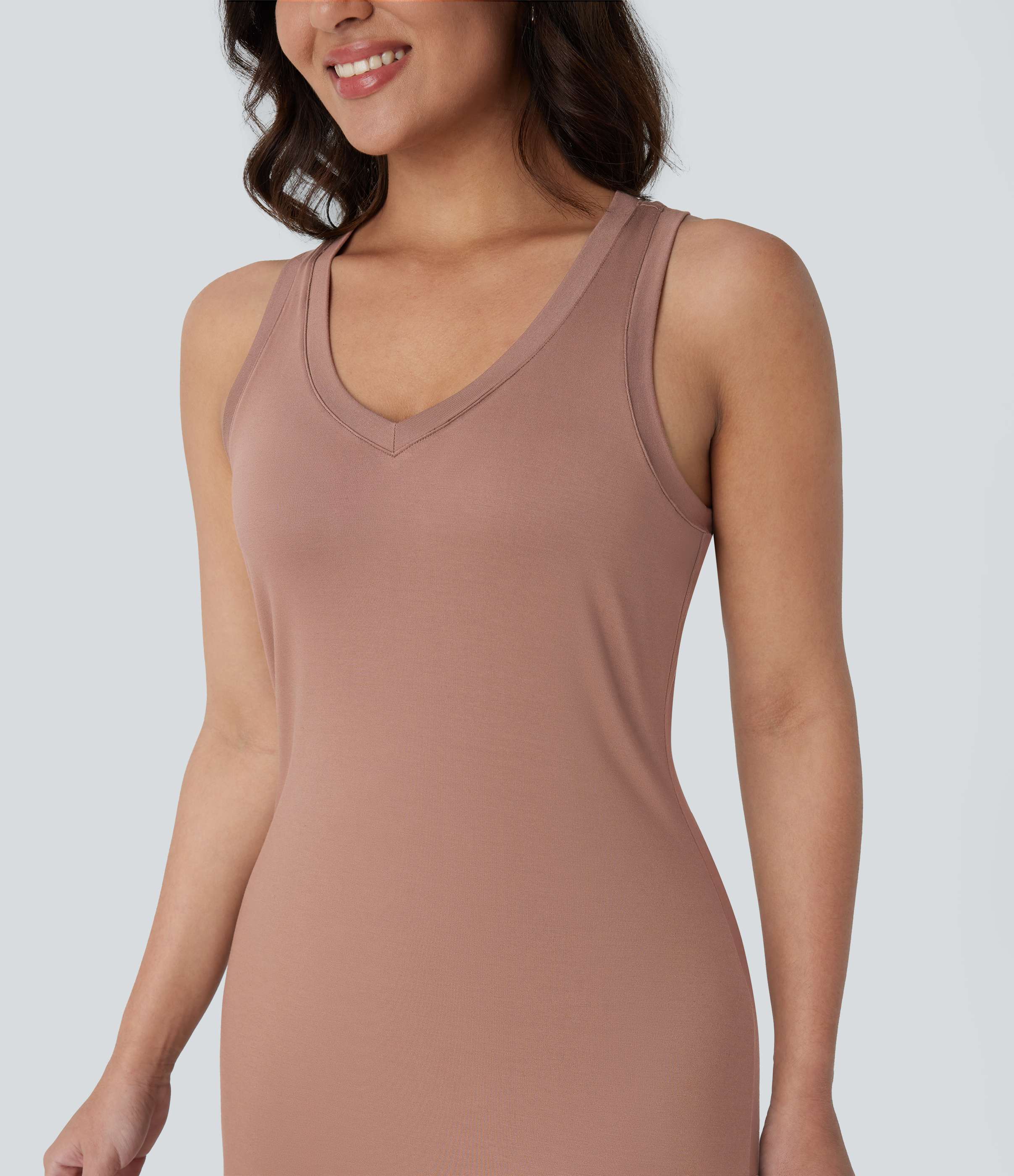 Halara V Neck Split Maxi Casual Tank Dress Casual Dress - Praline - XS slip dress beach dress ruched dress halter dress exercise dress 