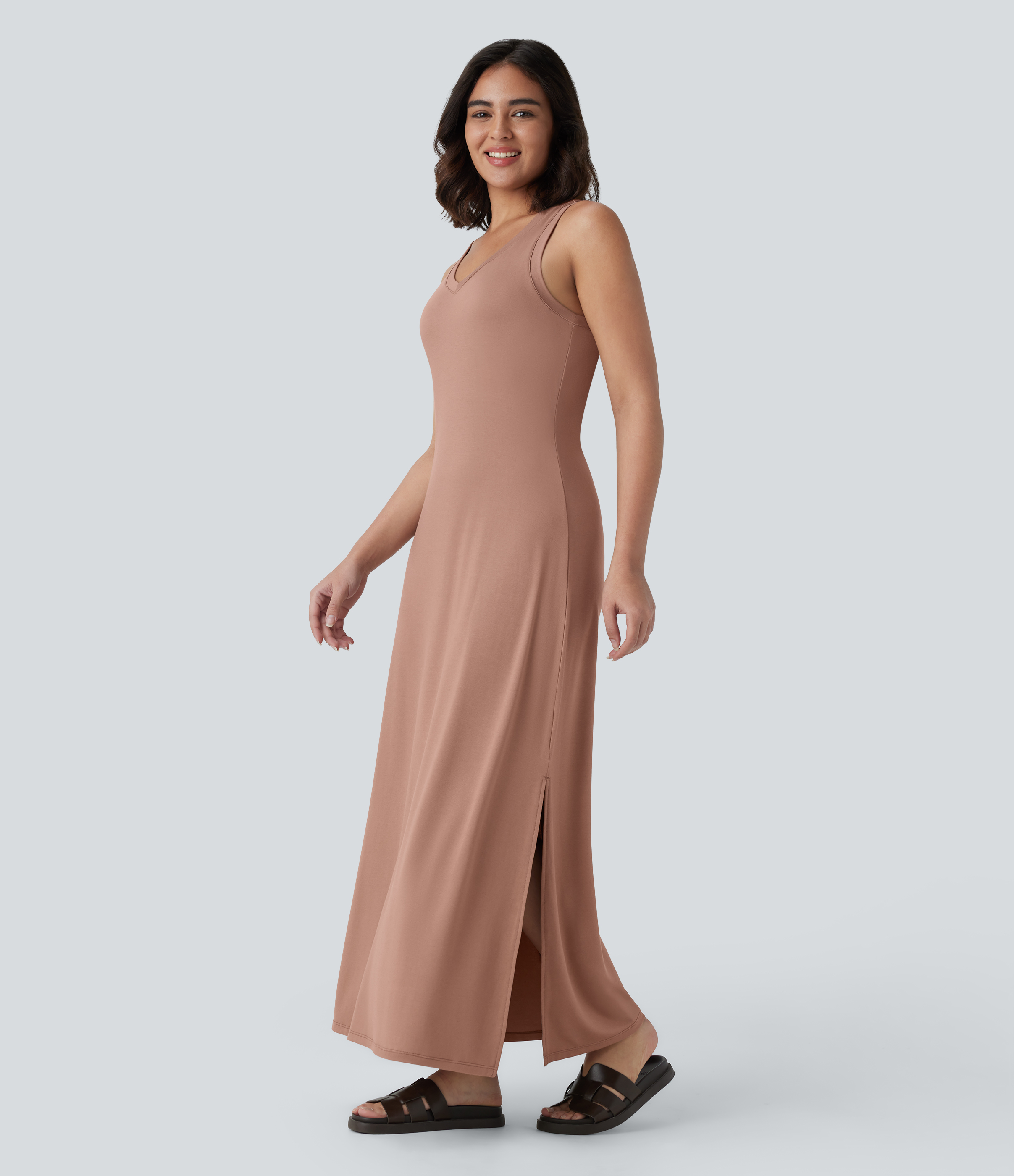 Halara V Neck Split Maxi Casual Tank Dress Casual Dress - Praline - XS slip dress beach dress ruched dress halter dress exercise dress 