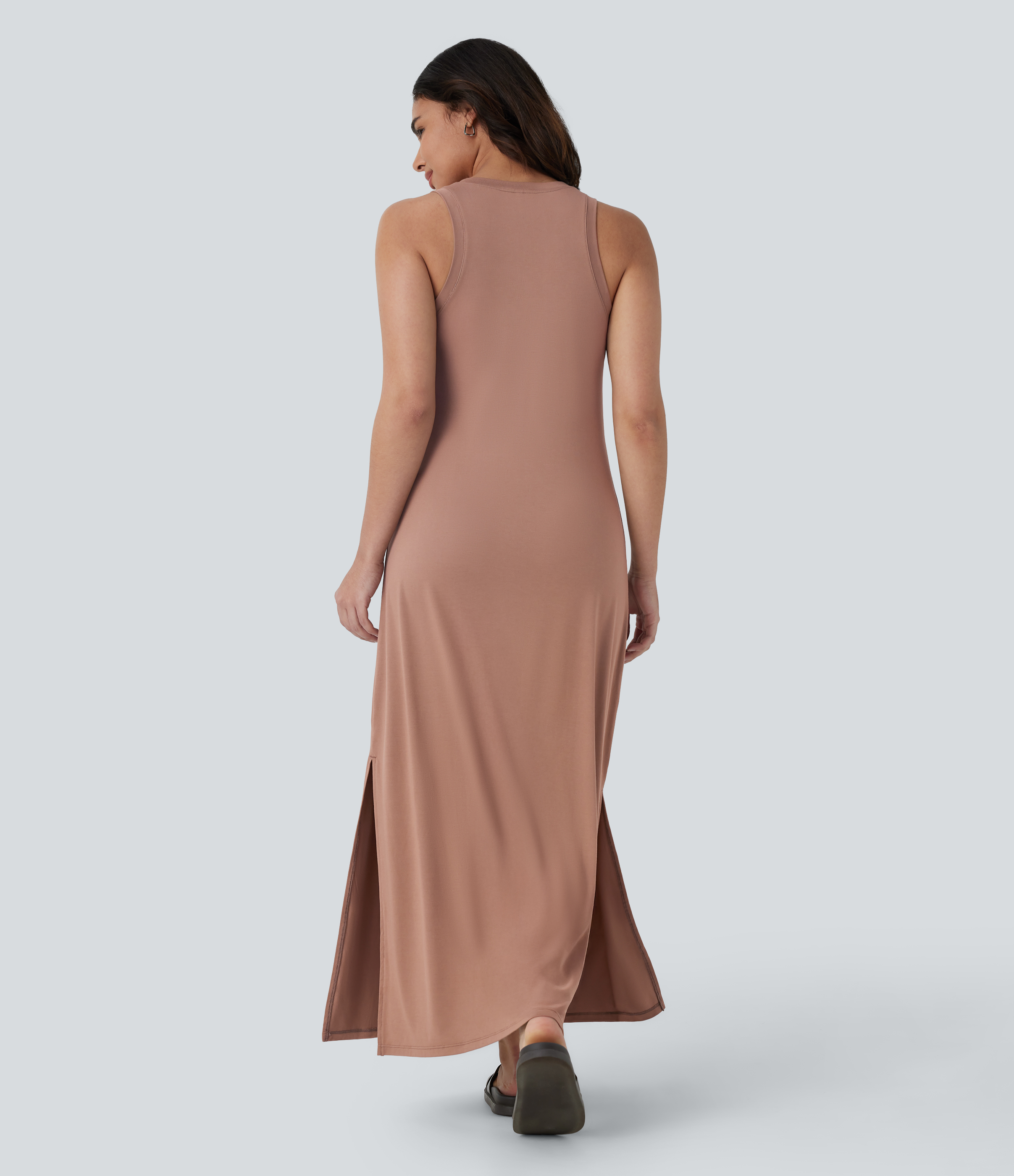 Halara V Neck Split Maxi Casual Tank Dress Casual Dress - Praline - XS slip dress beach dress ruched dress halter dress exercise dress 