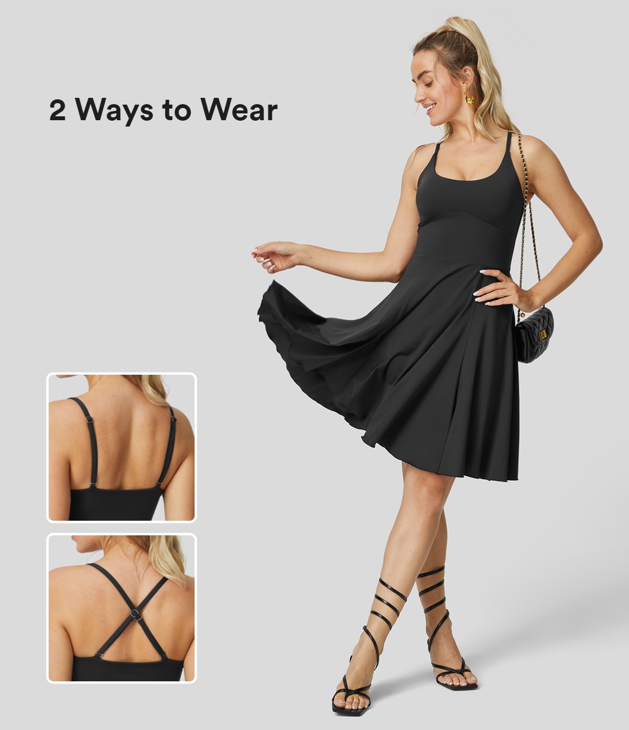 Halara Backless Adjustable & Removable Strap Cool Touch Slip Dance Active Dress Workout Dress - Black - S 