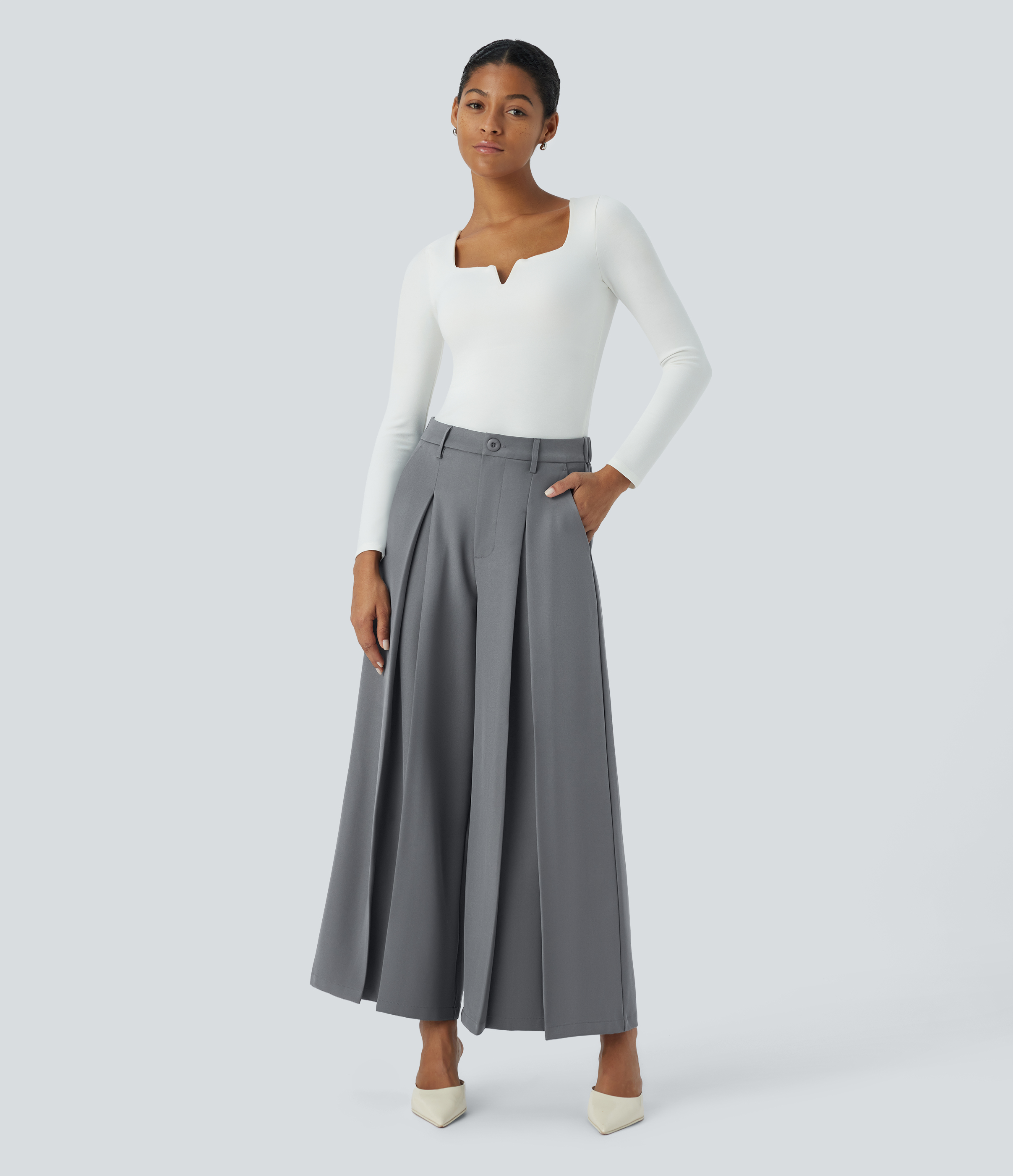 Halara High Waisted Side Pocket Pleated Wide Leg Work Culottes  - Poppy Seed - L(regular) sweatpants jogger pants stacked sweatpants 