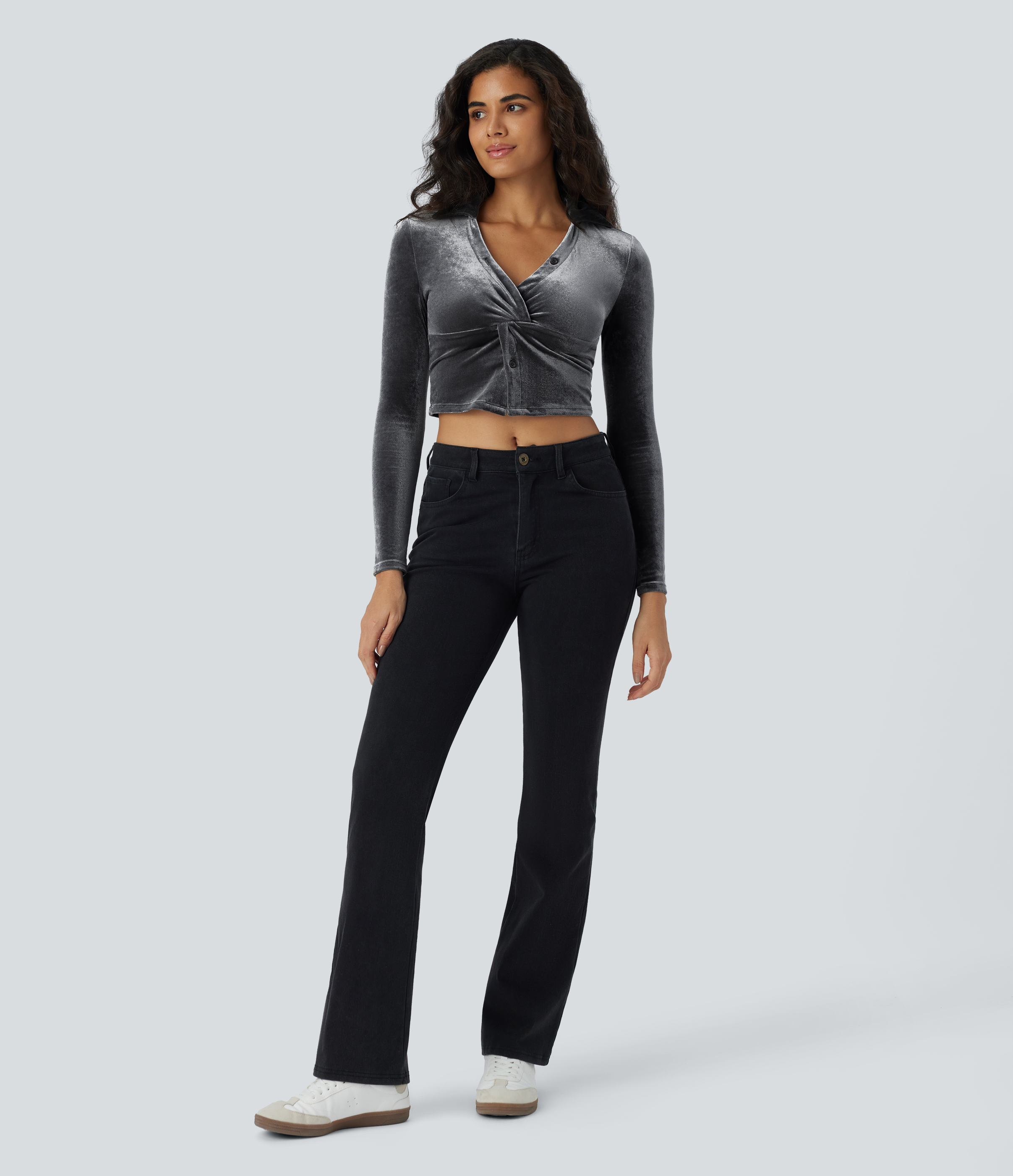 Halara Collared V Neck Twisted Button Long Sleeve Velvet Cropped Casual Shirt  - Lava Smoke - L 