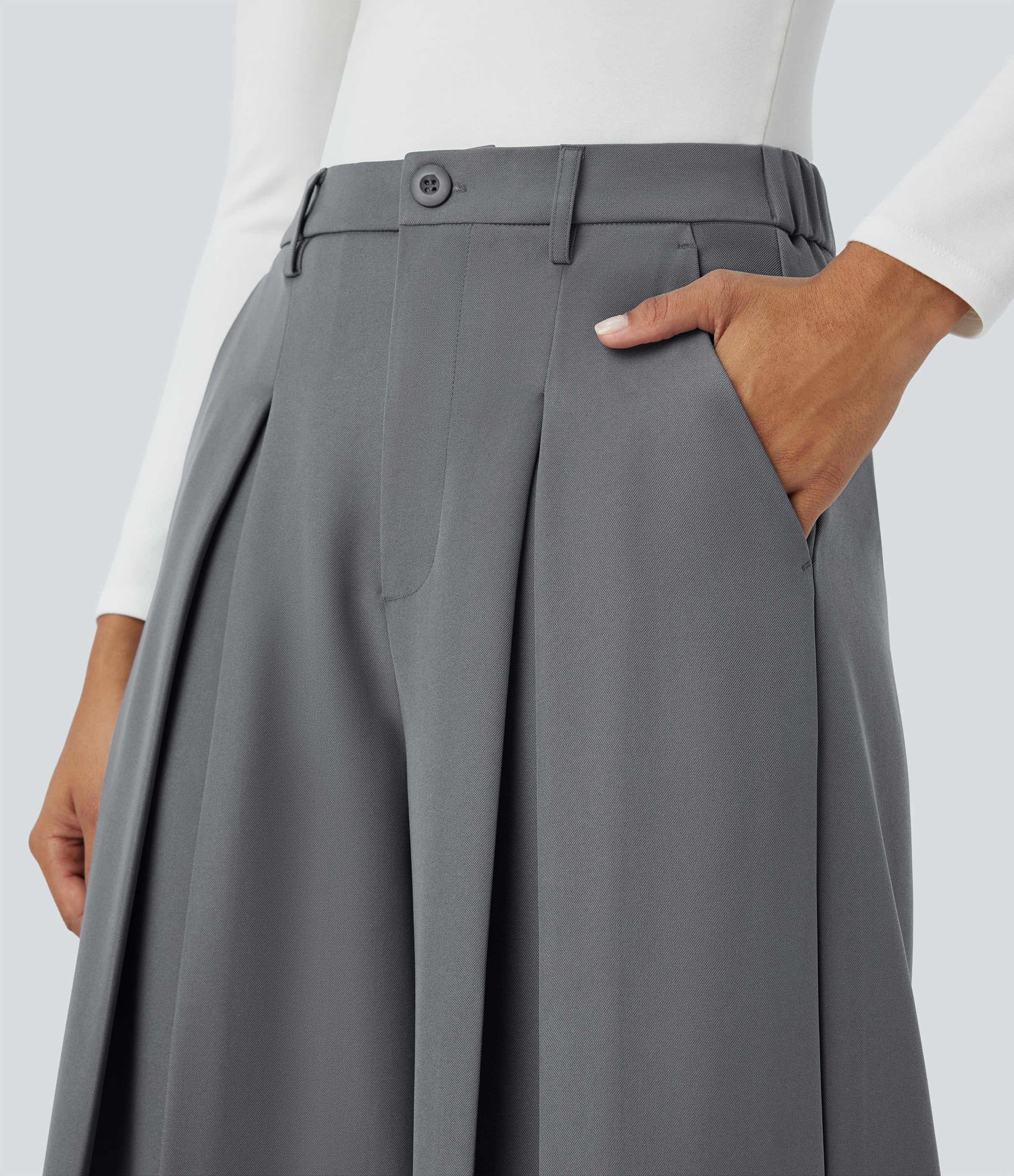 Halara High Waisted Side Pocket Pleated Wide Leg Work Culottes  - Poppy Seed - L(regular) sweatpants jogger pants stacked sweatpants 